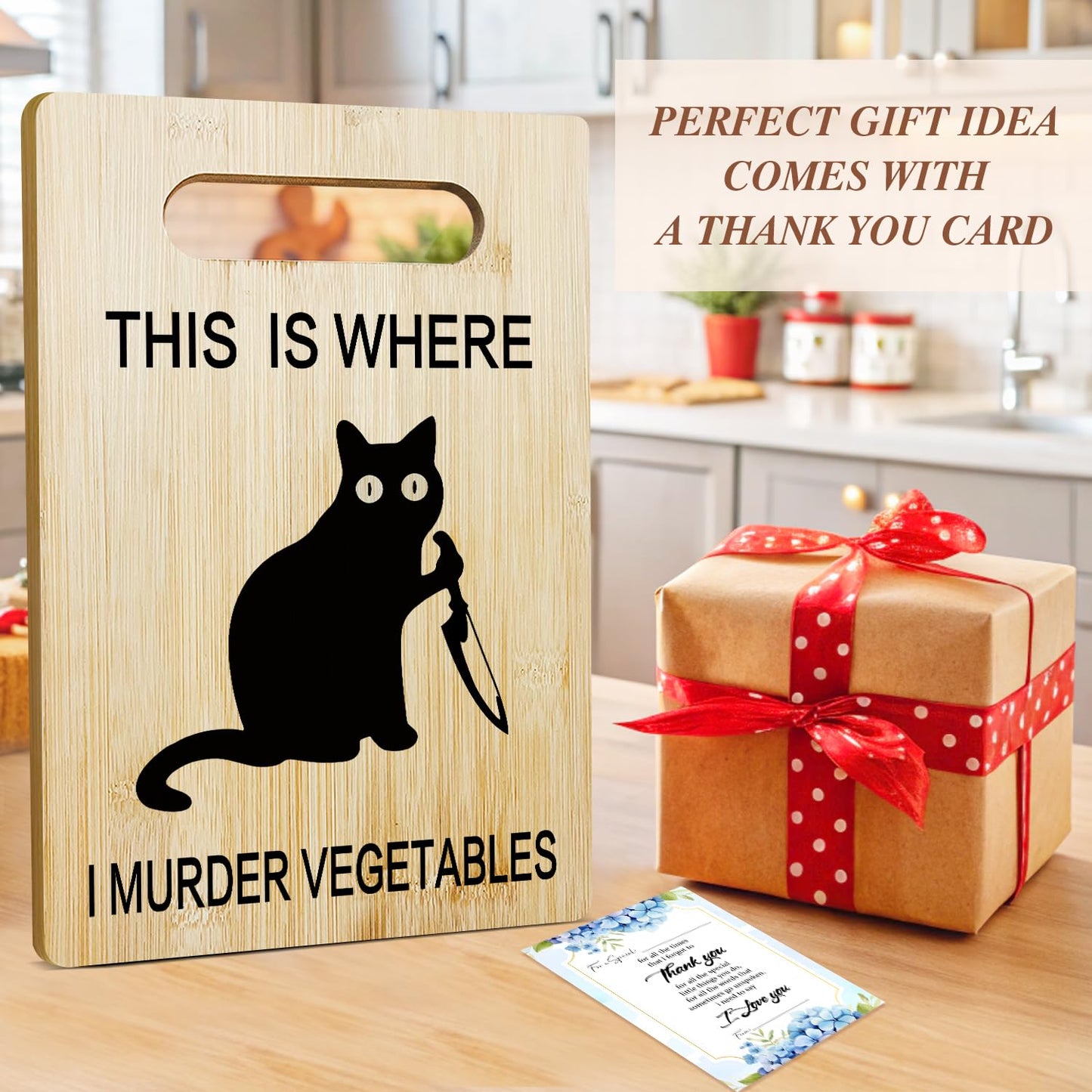 Funny Black Cat Bamboo Cutting Board for Kitchen, This is Where I Murder Vegetable Charcuterie Boards, Christmas Halloween Housewarming Gifts for Cat Lovers Friends Couple Women -011