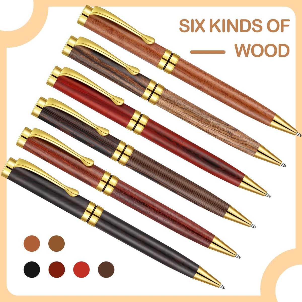 Yeaqee 6 Pcs Luxury Wood Ballpoint Pens 1.0mm Elegant Fancy Wooden Black Ink Pens Christmas Gift for Men Women Employee Teacher Journaling Executive Business