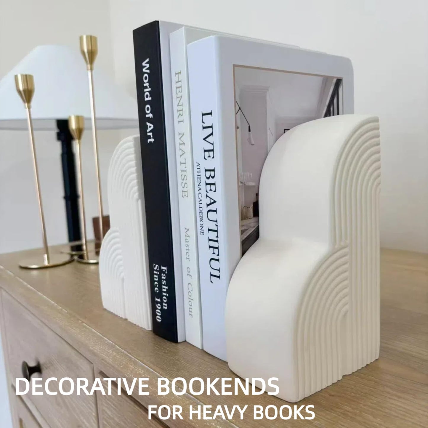 Bookends Decorative for Heavy Books - Aesthetic Boho Style, Cream White