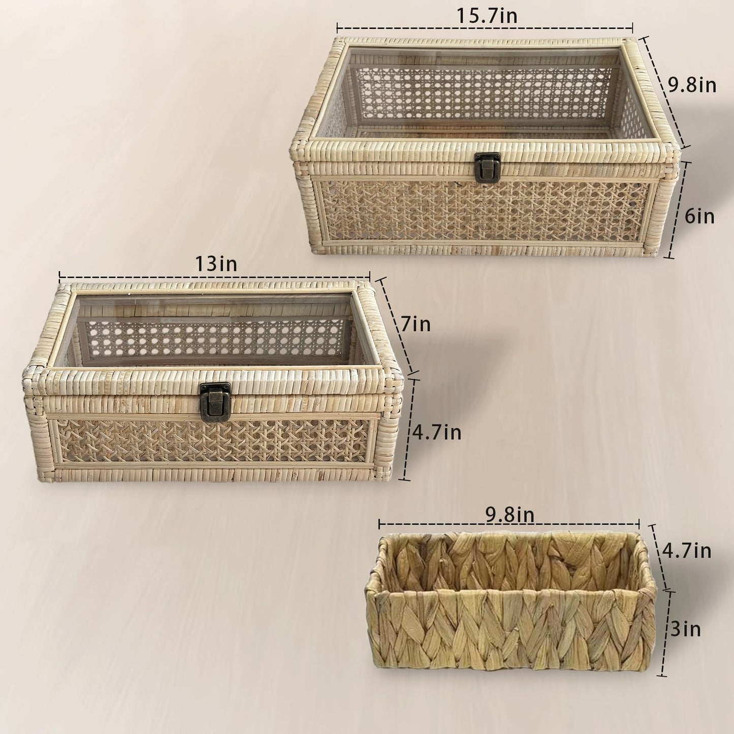 OSMall Decorative Box,Rattan Display Boxes with Lids,Set of 3-Rectangular Decorative Storage Box Set,Natural Woven Storage Bins for Home Decor