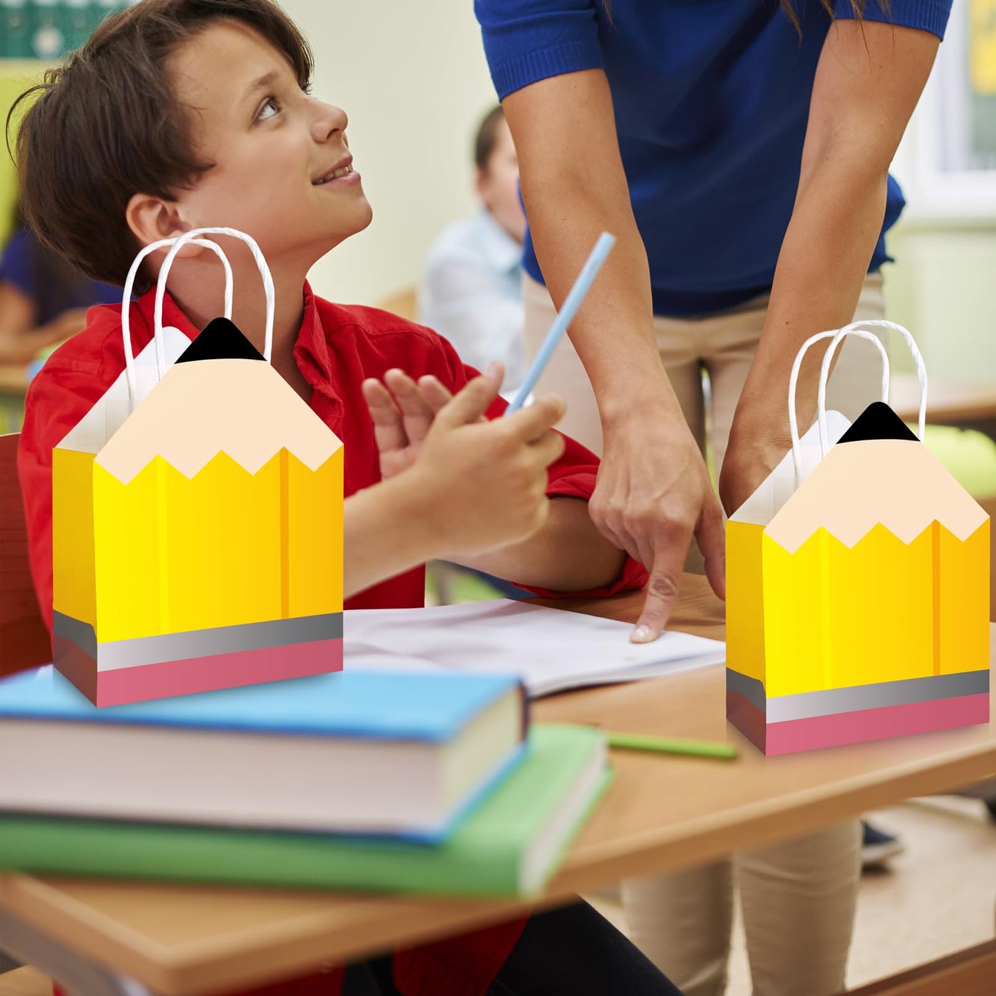 27pcs Back to School Teacher Gifts – Pencil Shaped Paper Bags Bulk, Welcome Candy Treat Boxes for Students, Classroom Party Decorations, Teacher Appreciation Week
