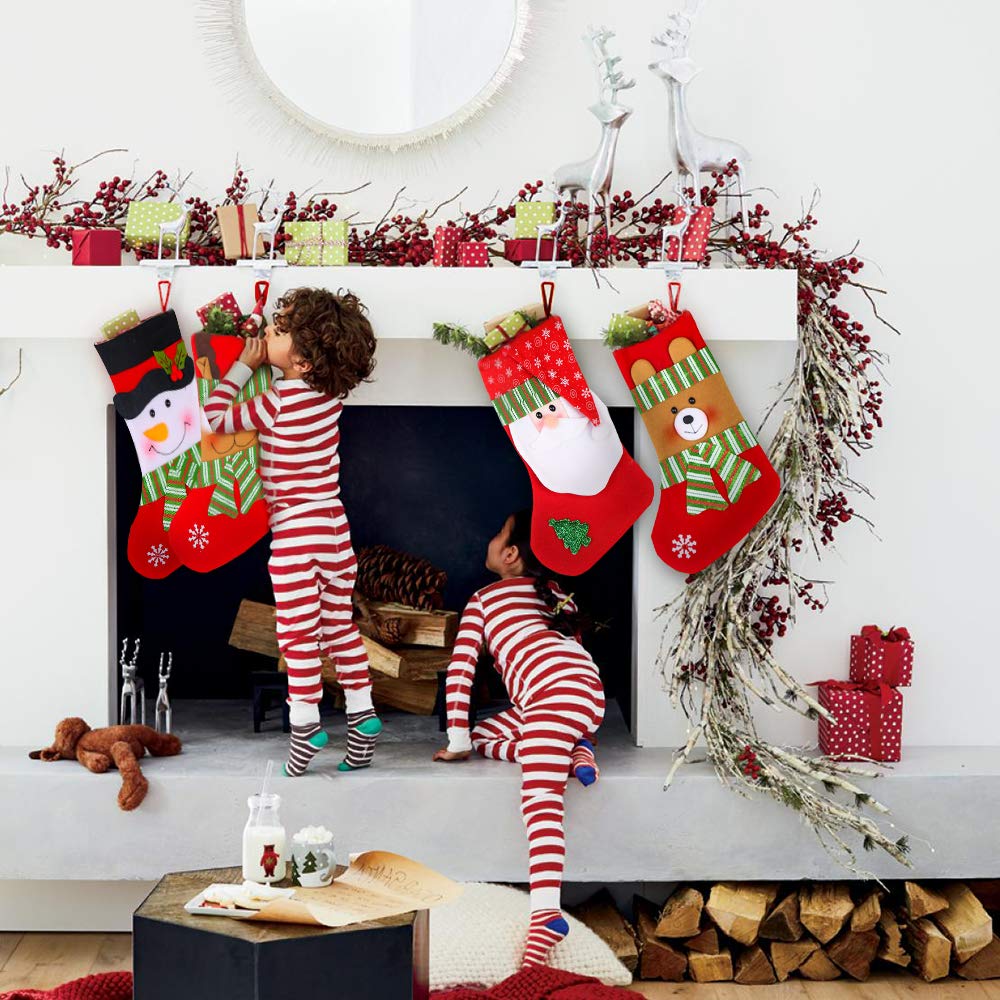 Lvydec 4 Pack Christmas Stockings, 15" Large Size Xmas Stocking Set with Christmas Snowman Santa Reindeer Bear Fireplace Decoration Gift & Candy Pouch Bag Ornaments