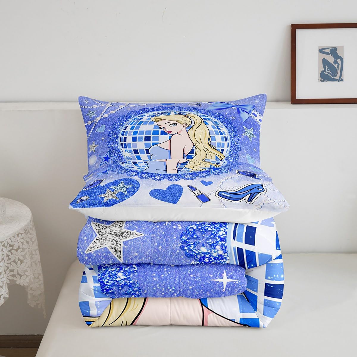 Princess Girly Kids Comforter Set Queen Size,Bowknot High-heeled Shoes Lip Dreamy Bedding Set,Girls Women Room Decor,Glitter Sequin Star Diamond Down Comforter,Blue Noble Duvet Insert,2 Pillowcases