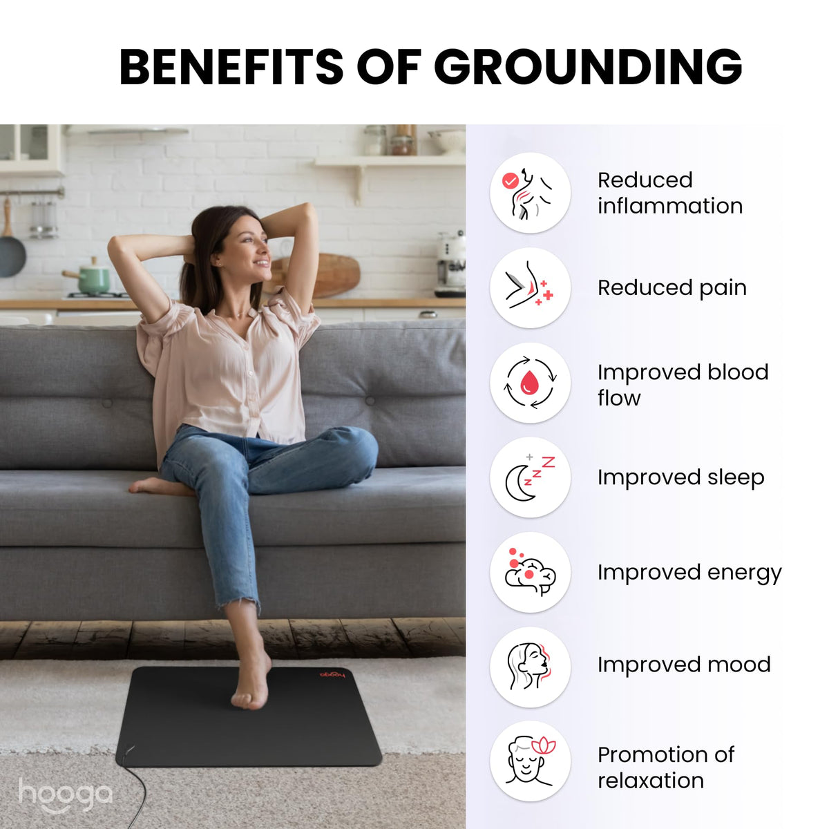 Hooga Grounding Mat for Sleep, Energy & Pain Relief – 24" x 16" Conductive Carbon Pad with 15ft Grounding Cord – Indoor Earth Connection for Inflammation & Recovery