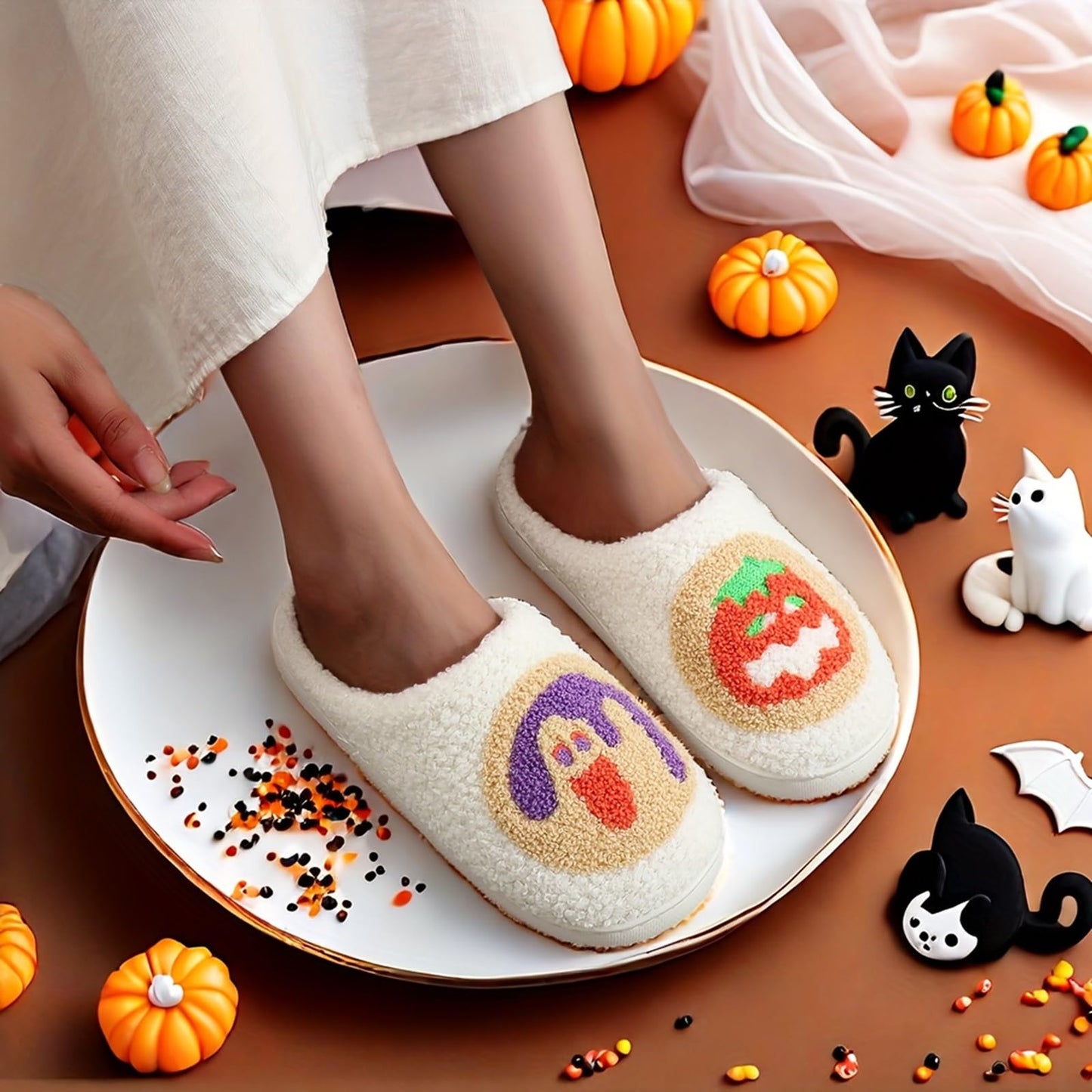 LNERIP Women's Men's Sugar Cookie Slippers Pumpkin Lantern Slipper Memory Foam Warm Plush Funny Halloween Cookies Slippers Embroidery Print House Shoes 41-42
