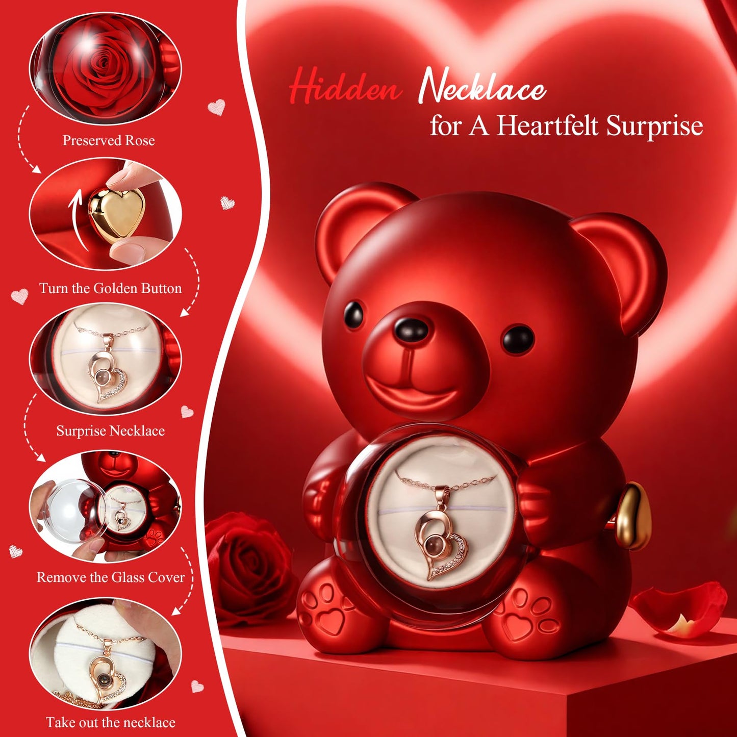 Hangerspace Cute Teddy Bear with Preserved Rose, Hidden Surprise Necklace Rotating Gift Box for Her, Romantic Eternal Rose Flowers for Valentine’s Day, Mother’s Day, Christmas, Birthday, Anniversary