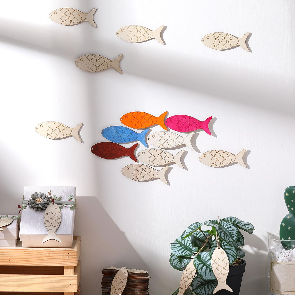 Gerrii 72 Pieces Wood Fish Cutouts Unfinished Wooden Cutouts with Holes Blank Wooden Hanging Ornaments Slices with Twine for DIY Crafts Party Decorations