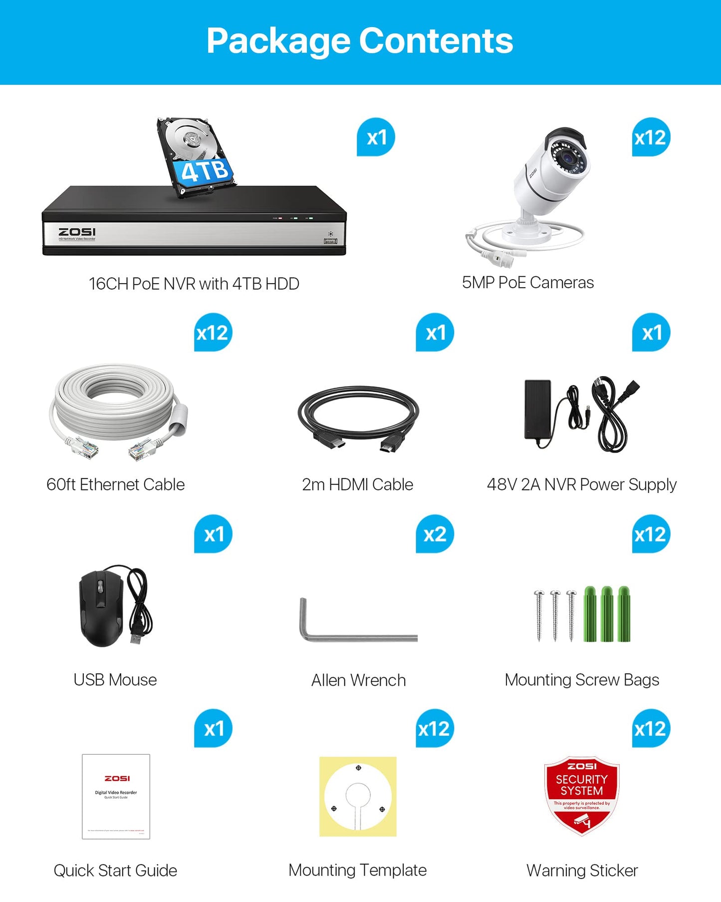 ZOSI 4K 16CH PoE Home Security Cameras System with 4TB Hard Drive,8MP 16 Channel CCTV NVR,12pcs 5MP Outdoor PoE Cameras,120ft Night Vision,Person Vehicle Detection,Remote Access,for 24/7 Recording