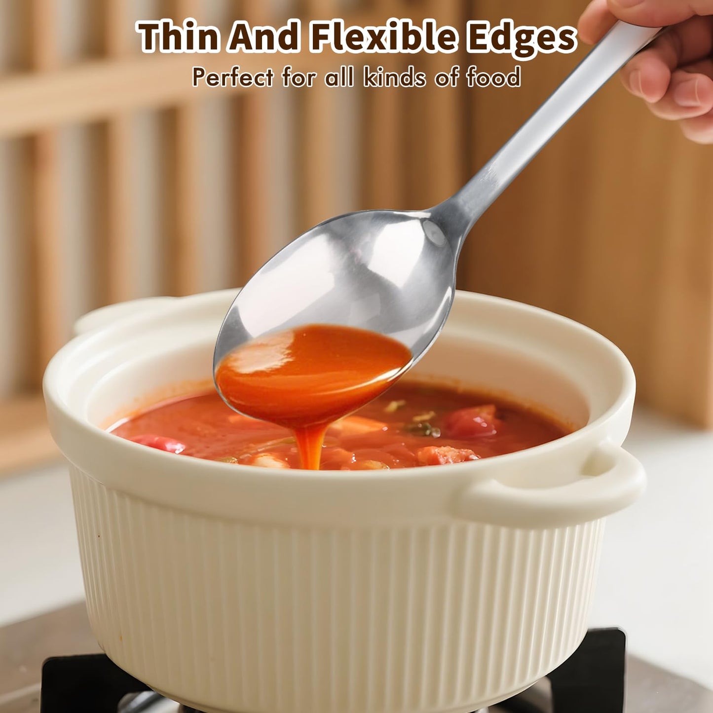 2 Pcs Stainless Steel Cooking Spoons Set, Solid & Slotted Metal Serving Spoons, Heavy Duty Sturdy Large Soup Ladle, High Heat Resistant Kitchen Cooking Utensils for Mixing, Stirring, Easy to Clean
