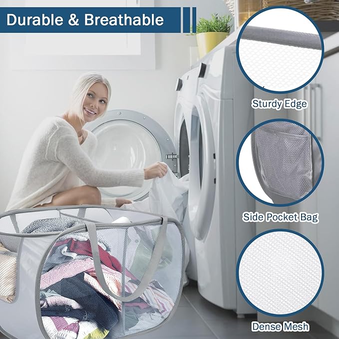 4 Pack Collapsible Laundry Baskets Dual Compartment, Mesh Pop Up Hamper