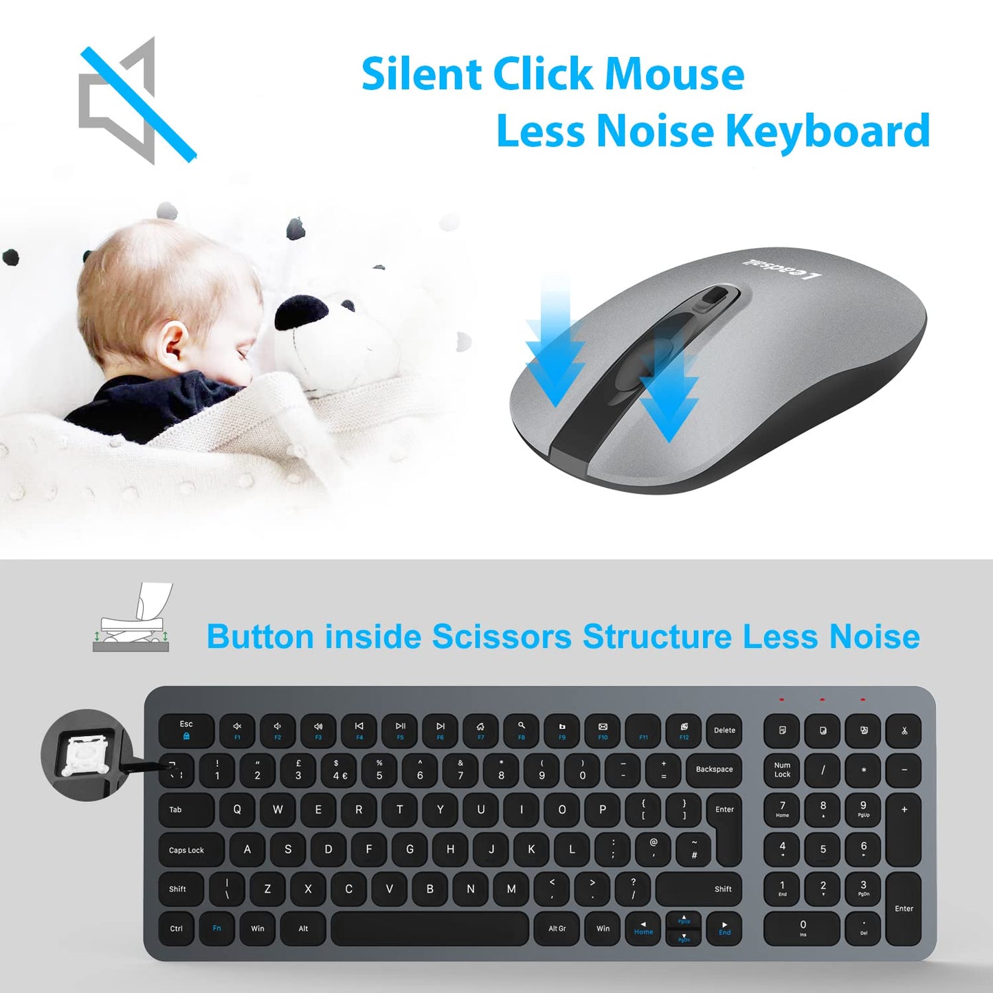 LeadsaiL Wireless Keyboard and Mouse Set, Wireless USB Mouse and Compact Computer Keyboards Combo, QWERTY UK Layout for HP/Lenovo Laptop and Mac