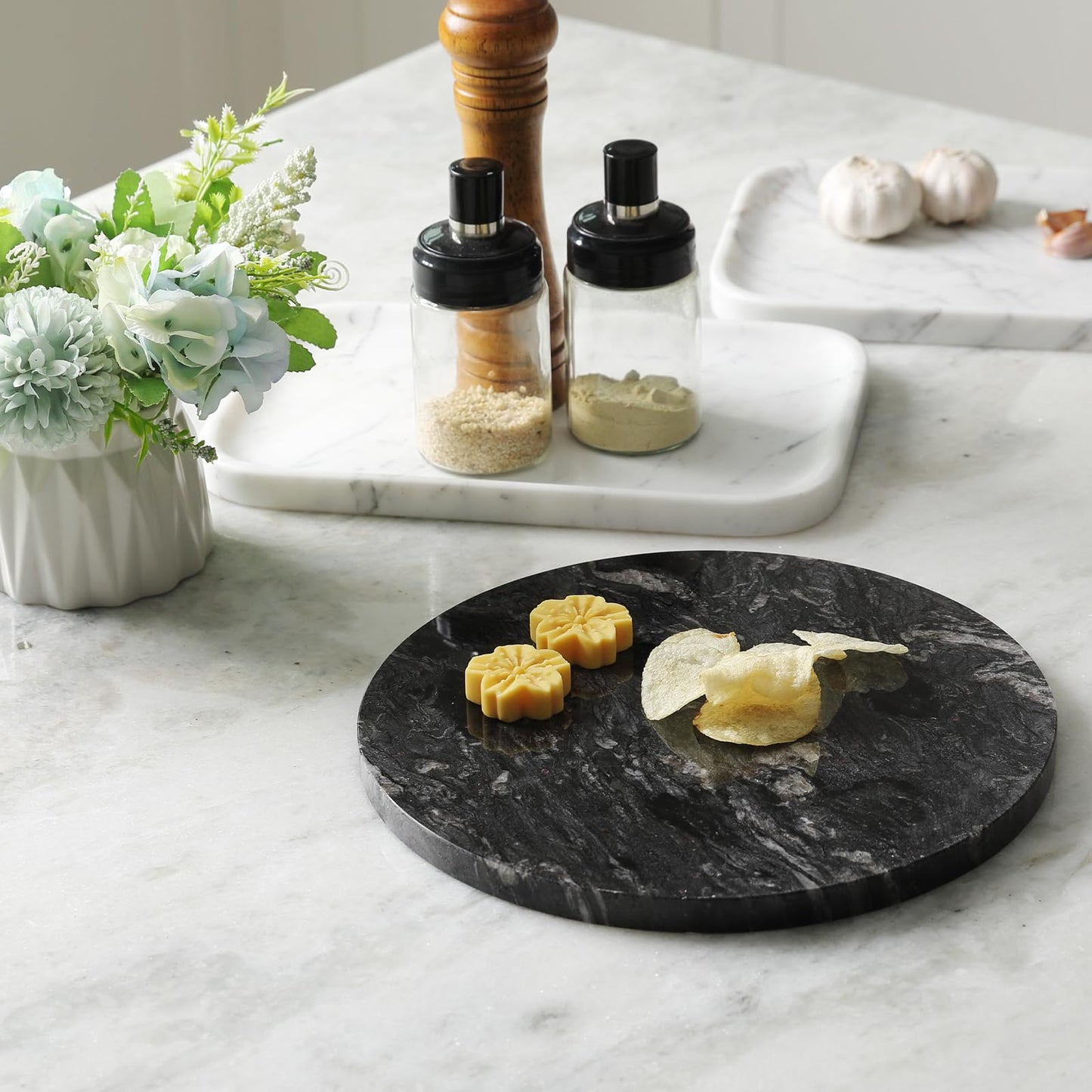 Koville Brazilian Natural Granite Round Cutting Board for Kitchen, 11" Round Hand Crafted Stone Slab for Cheese, Charcuterie, Pastry Board - Wedding Gift, House Warming Gift(Blue Fantasy)