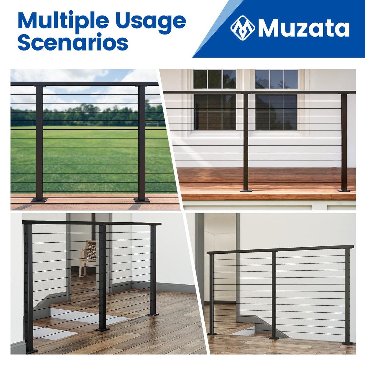 Muzata 4Pack Black Cable Railing Post 36 Inch 36"x2"x2" Level Drilled Surface Mount T304 Stainless Steel Cable Railing System Kit Indoor Outdoor with Paper User Guide PS02 BH4S