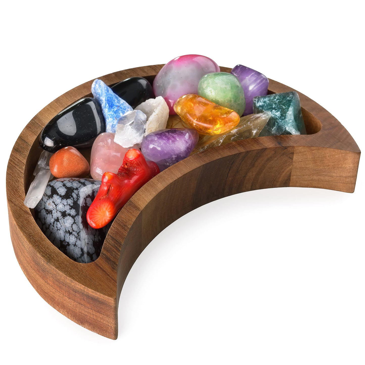 Curawood Crescent Moon Tray - Showcase Your Gems, Healing Stones & Treasures - 6"x3" Wooden Crystal Display Tray, Crystal Holder for Stones Display Shelf, Gemstone Rock Holder Charging Bowl, Walnut, S