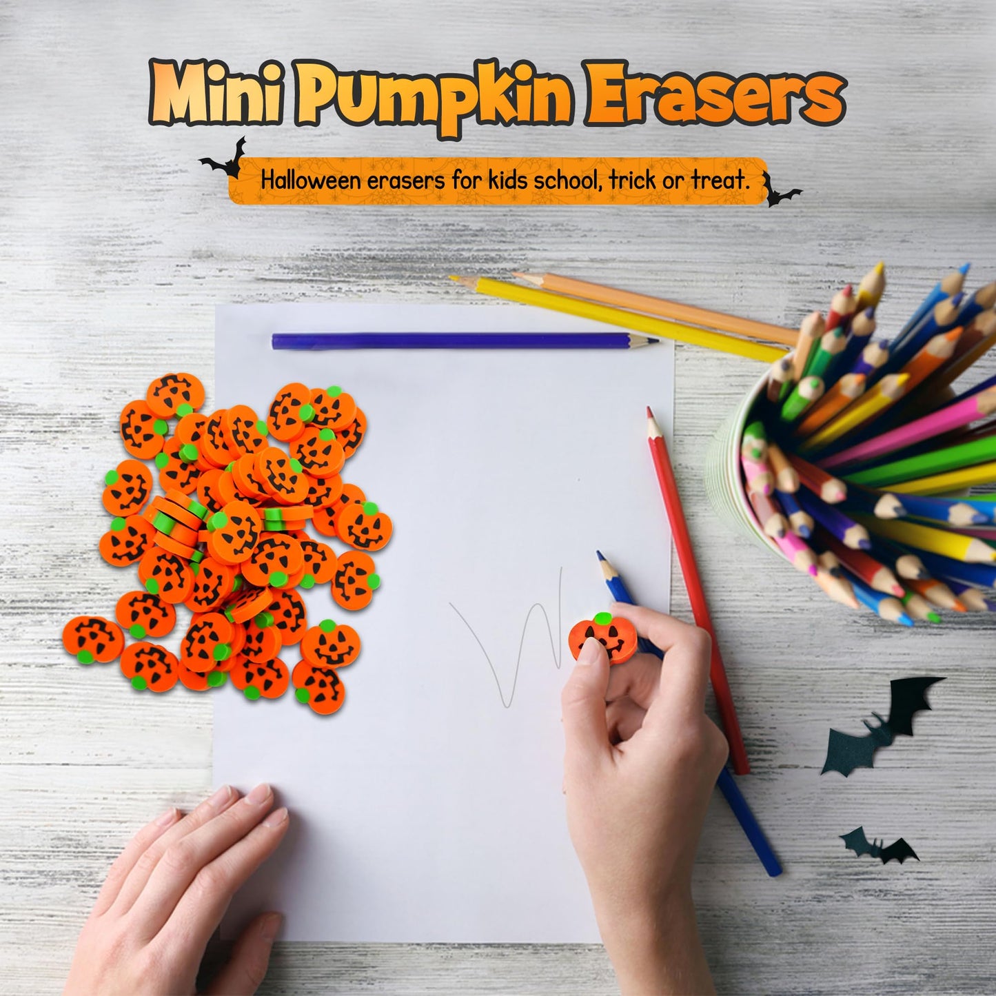 4E's Novelty Mini Pumpkin Erasers Bulk 144 pcs - Fall Halloween Erasers for Kids Bulk, for School, Classroom Reward Prize, Trick or Treat, Trick or Treat Halloween Non Candy Treats