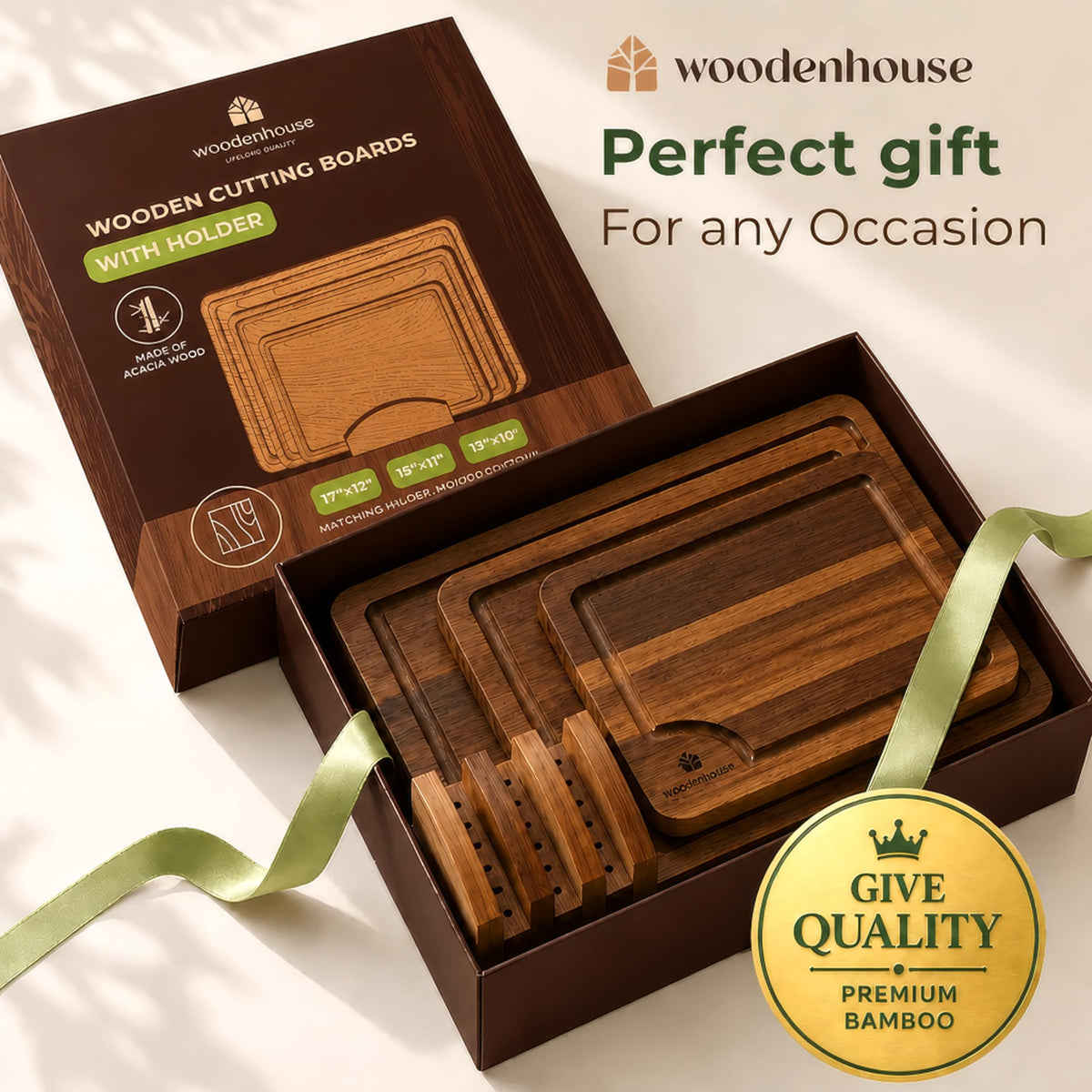 Acacia Wood Cutting Board Set of 3 with Holder, Juice Grooves & Built-in Handles - Durable, Wooden Cutting Boards for Kitchen, Perfect for Chopping, Food Prep and Serving as a Charcuterie