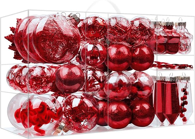 SHareconn 86PCS Christmas Balls Ornaments Set,Shatterproof Plastic Clear Decorative Baubles for Xmas Tree Decor Holiday Wedding Party Decoration, Red
