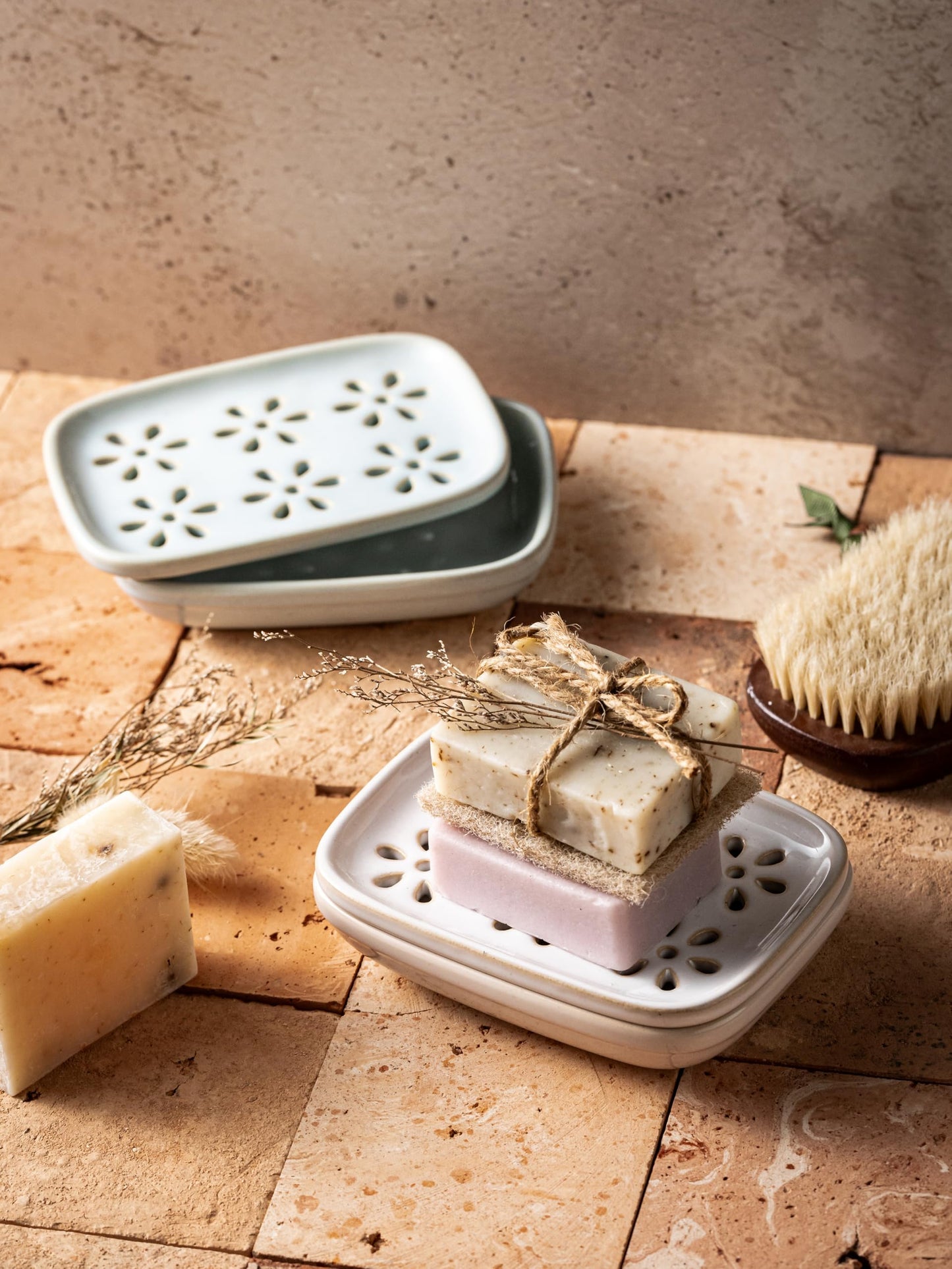 Miamolo Soap Dish for Shower with Drainage, Double Layer Bar Soap Holder, Ceramic Soap Saver Sponge Holder for Bathroom, Tub and Kitchen Sink, Slotted Draining Soap Dishes Extend Soap Life, Beige