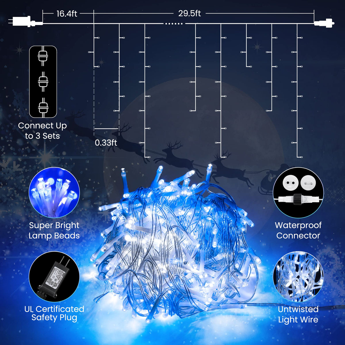 Toodour White & Blue Christmas Icicle Lights, 29.5ft 360 LED Icicle Lights, 8 Modes, 60 Drops, Window Curtain Led Christmas Light, Icicle Twinkle Light for Eaves, Party, Wedding, Xmas Decorations