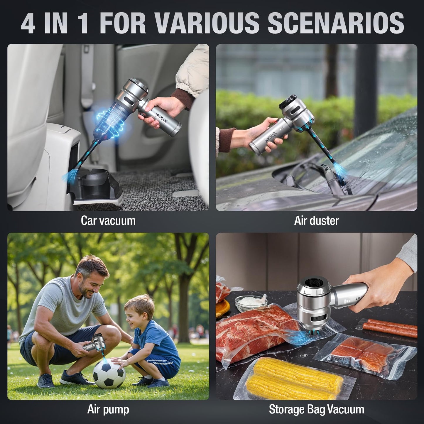 VCAN ACTIVE Car Vacuum Portable Cordless 22000PA High Power with Brushless Motor 4-in-1 Compressed Air Duster & Air Blower & Pump Hand Held Vacuum for Car, Home, Office, Ideal Gifts for Men & Women