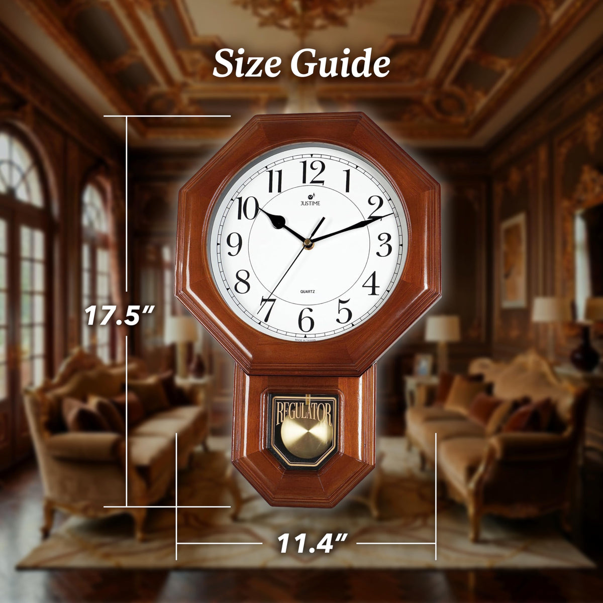 JUSTIME Traditional Schoolhouse Solid Wood Pendulum Wall Clock Chimes Hourly with Westminster Melody Chime Made in Taiwan (Dark Wood w/Westminster Chime)