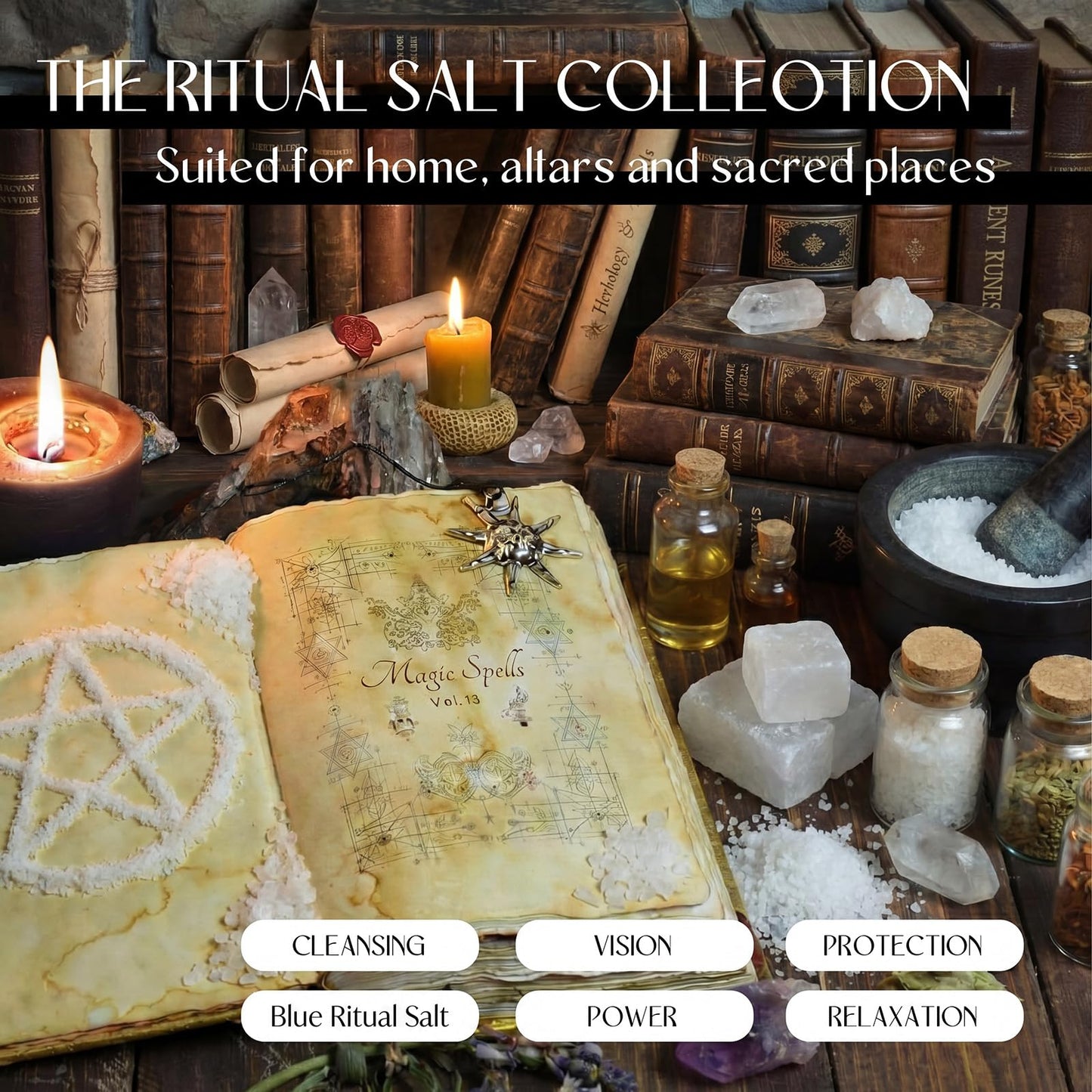ElaraBerry 6 Pack Ritual Salt Starter Collection Pack with Dispensing Bottles Chalkboard Labels for Ceremony and Spell Handcrafted Negative Energy Rituals Protection Crystals for Witchcraft Supplies