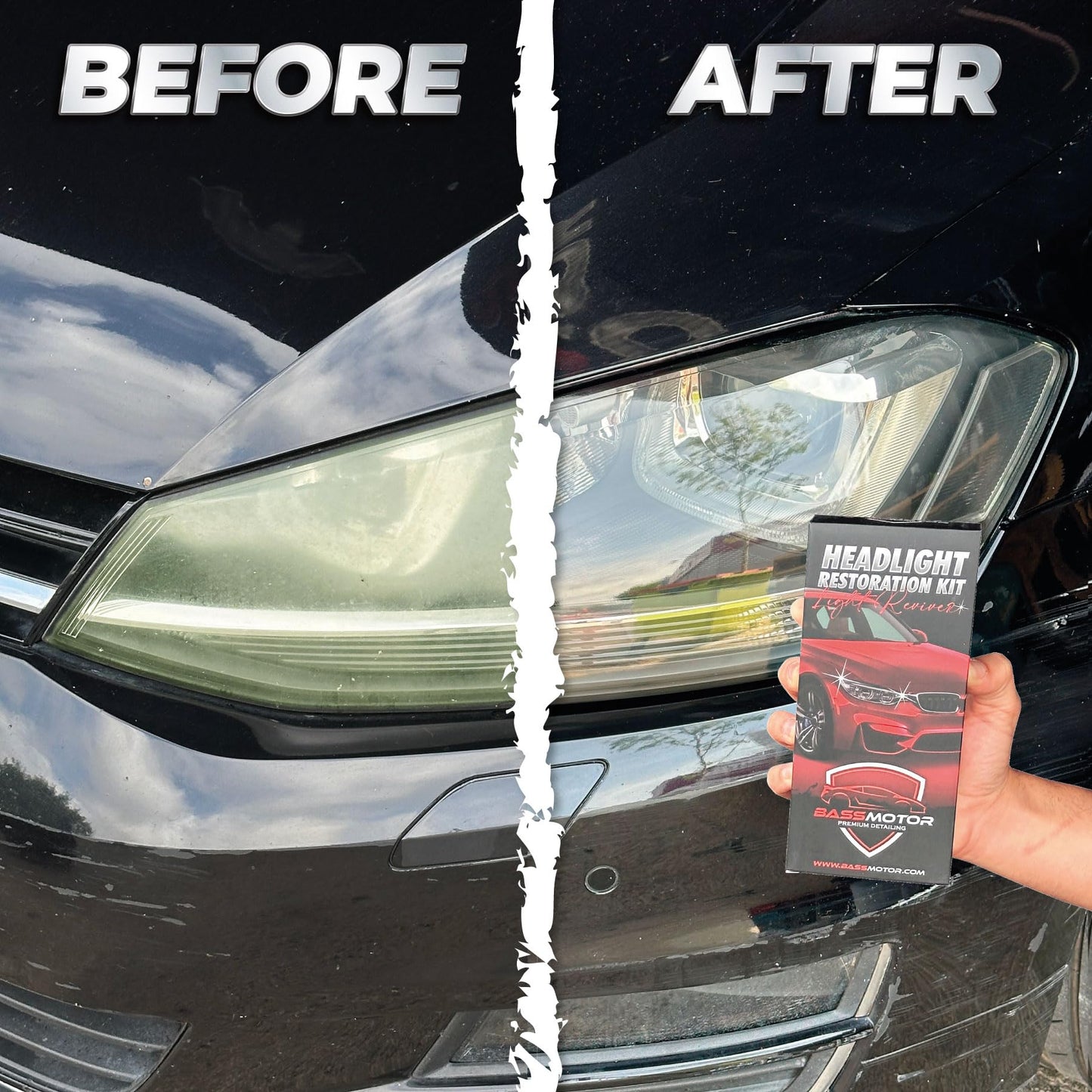 BassMotor Complete Kit for Polishing Dull and Worn Headlights for Car Restoration - Set for Cleaning and Sanding for ITV and Improved Visibility and Safety, Carbon Alumina