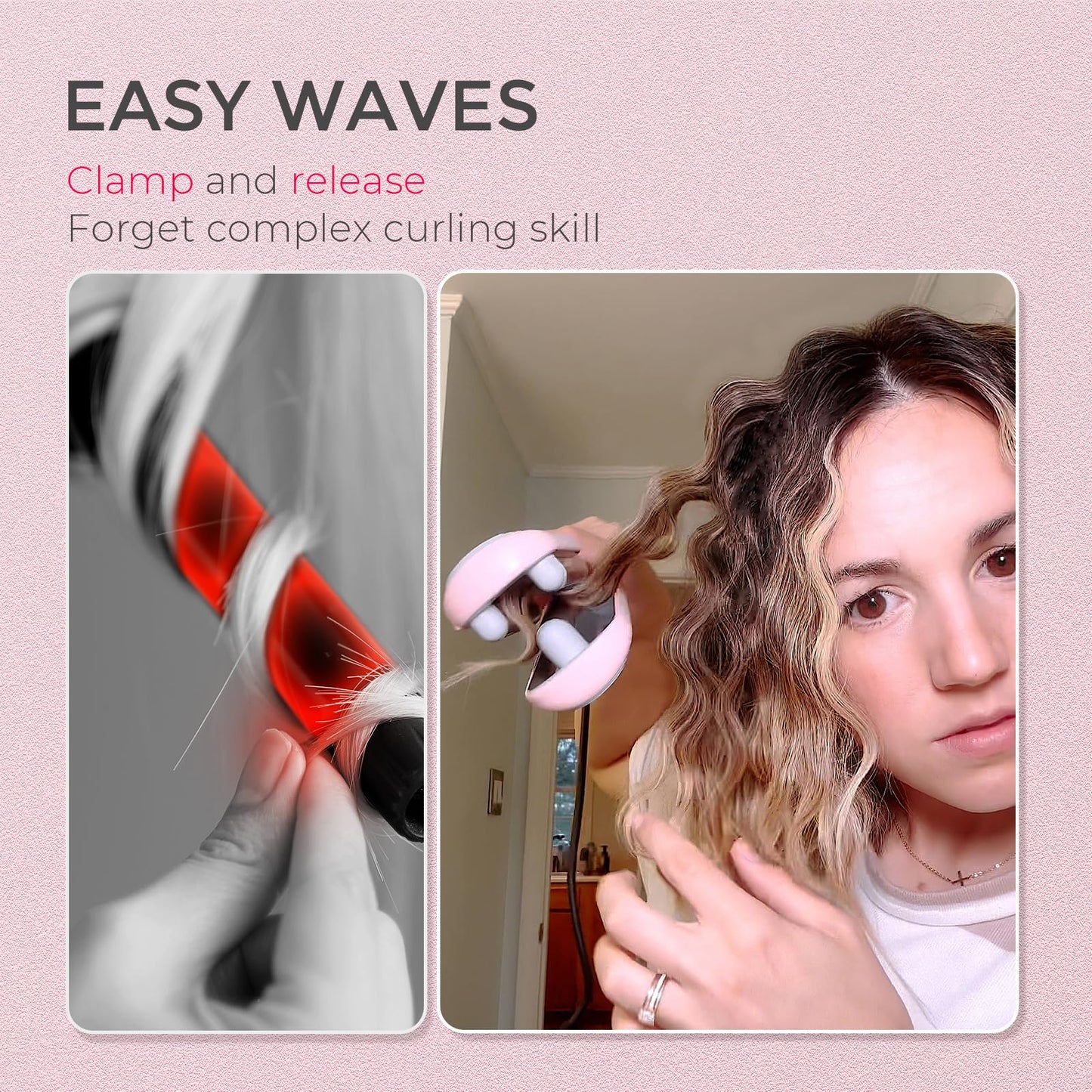 TYMO ROVY Hair Waver Crimper - Hair Curler, Deep Waver Curling Iron, Ionic Curling Wand with Ceramic Tourmaline Barrel for Women, Anti-Scald, Quick & Easy, Dual Voltage, Pink 25mm