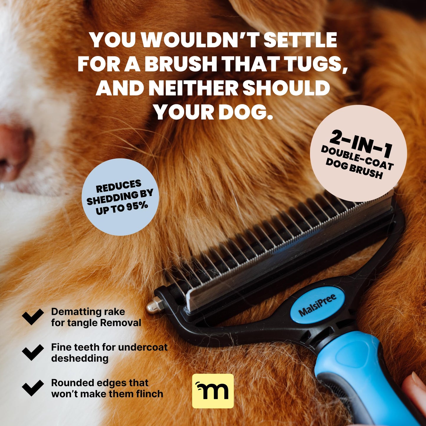 MalsiPree Dog Grooming Brush for Shedding - 2 in 1 Deshedding Tool and Undercoat Rake - Long and Short Haired Dog Brush, Cat Brush - Dematting Comb and Dog Brushes for Shedding (Large, Blue)