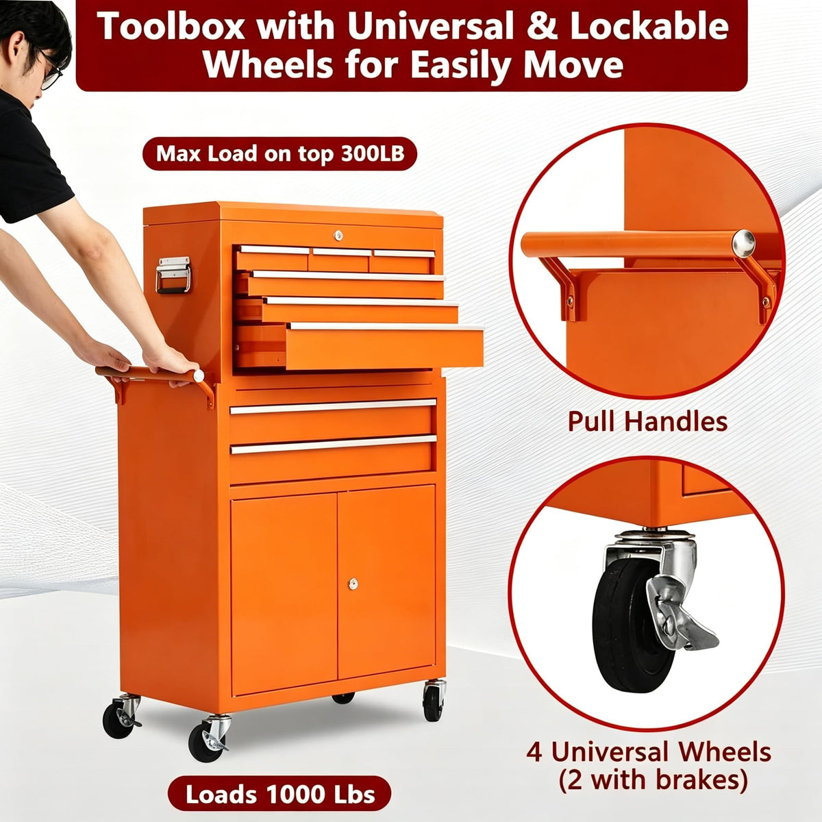 MilleLoom 8 Drawer Tool Chest with Wheels, 2 in 1 Detachable Rolling Tool Box Cabinet, Locking Metal Tool Storage Organizer with Portable Top Chest for Garage Workshop, Orange