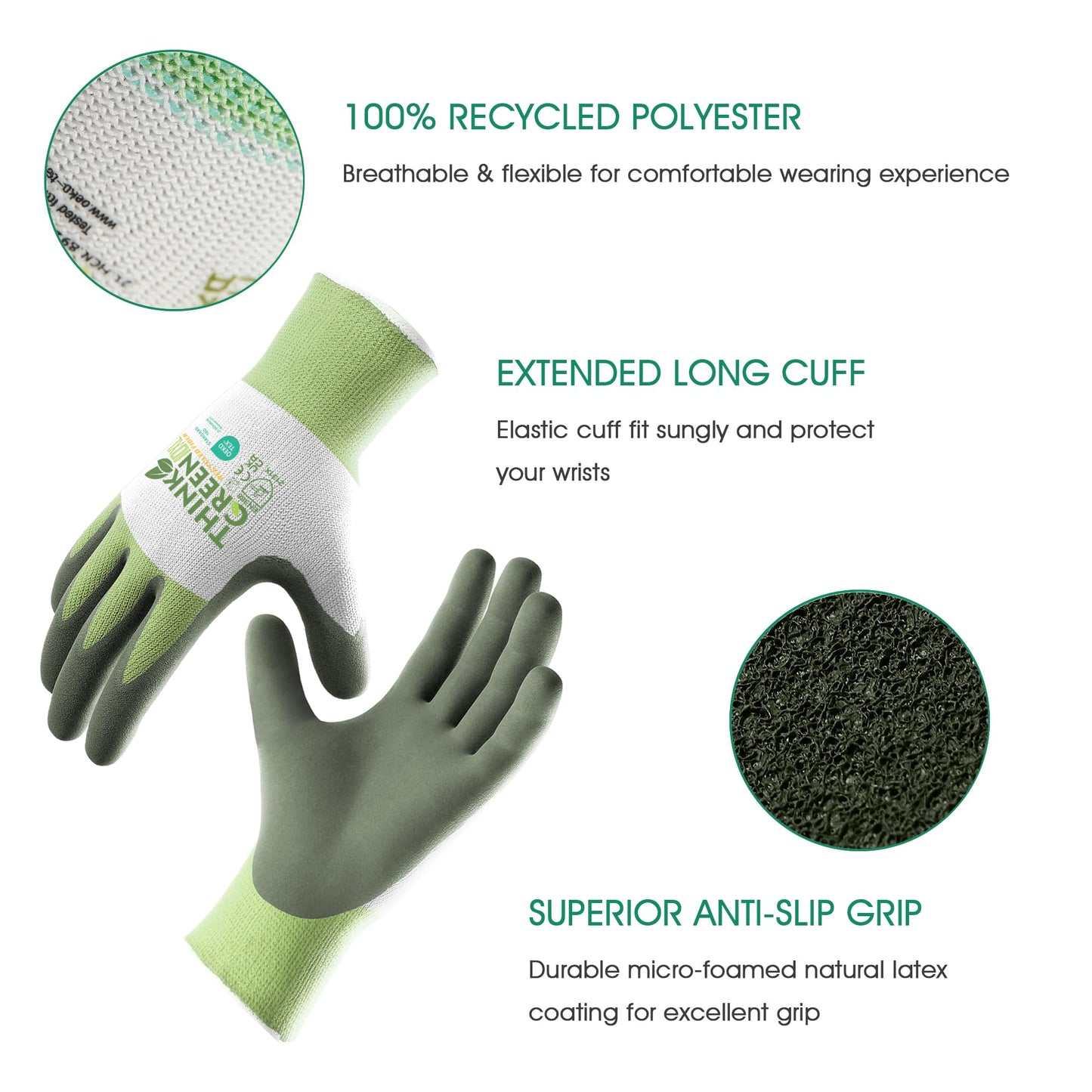 COOLJOB Gardening Gloves for Women and Men, 3 Pairs Recycled Polyester Garden Gloves with Rubber Coated, Green, White & Grey, Medium Size (3 Pairs M)