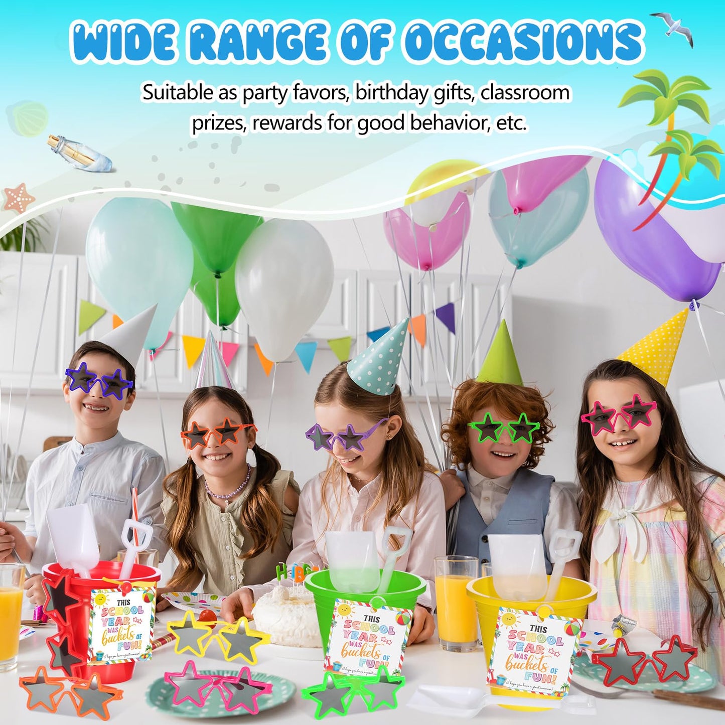 PullCrease 24 Set End of Year Students Beach Sand Bucket with Shovels Gift from Teacher Bulk Neon Sunglasses Cards Preschool Kindergarten Graduation Gifts for Beach Summer Party(Star,Colorful)