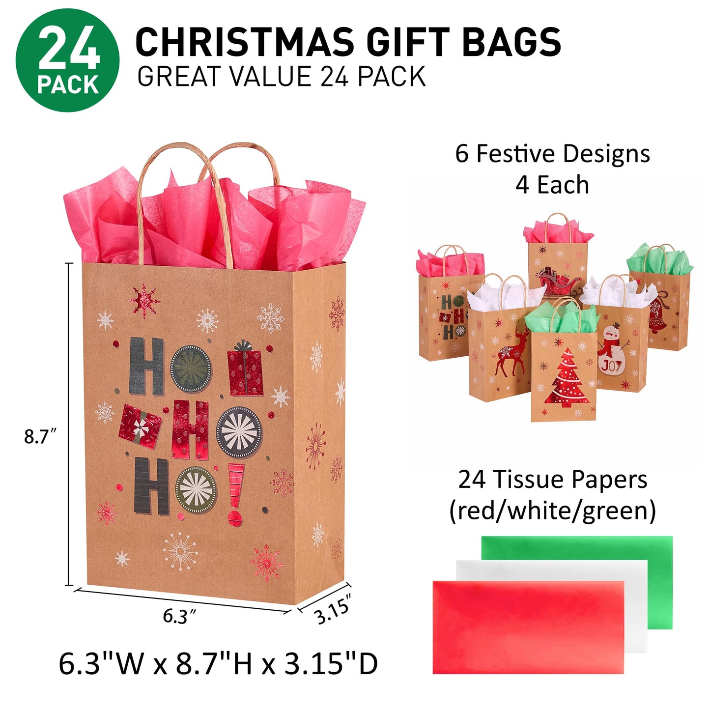 SUNCOLOR 24 Pack Small Christmas Gift Bags With Tissue Paper