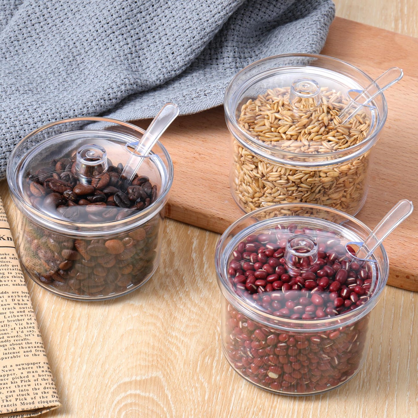 Ptwola 12 Pcs Clear Acrylic Sugar Bowl Set Sugar Containers Salt Canister with Lid and Spoon Perfect for Serving Condiment Candy Coffee Tea Spices (7.4 oz)