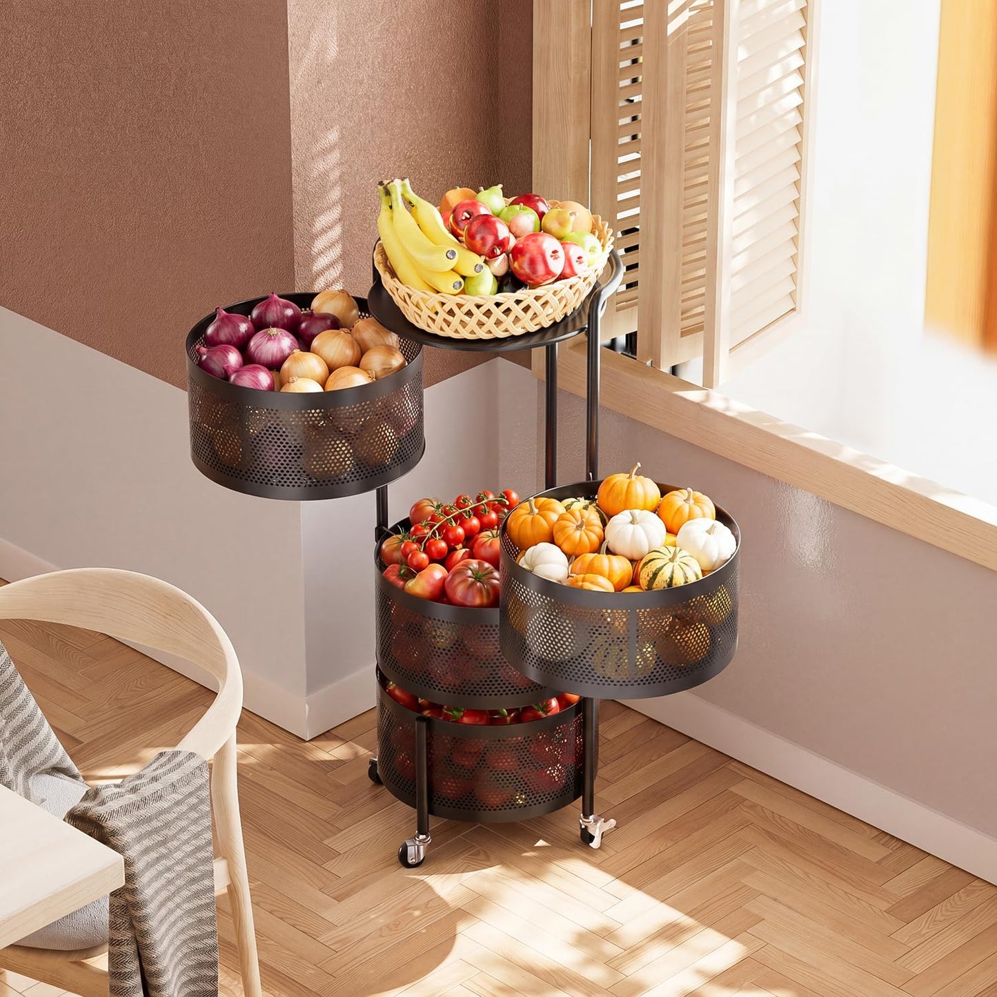 JAQ No Assembly Kitchen Storage Cart with Wheels, 4-Tier Rotating Vegetable & Onion Storage Rack, Metal Produce Organizer for Potato, Fruit and Pantry, Black