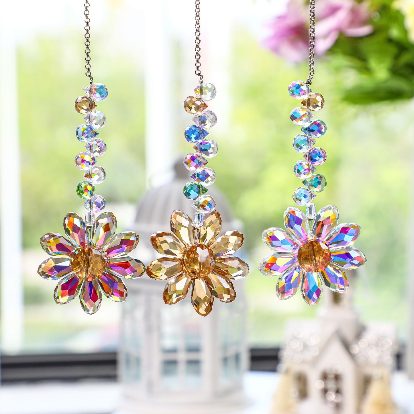 HDCRYSTALGIFTS 6PCS 12.5'' Crystal Sunflower Suncatchers for Window Hanging, Window Sun Catchers Crystals Rainbow Maker Light Catcher Indoor Outdoor Garden Decor Glass Ornaments for Christmas Tree