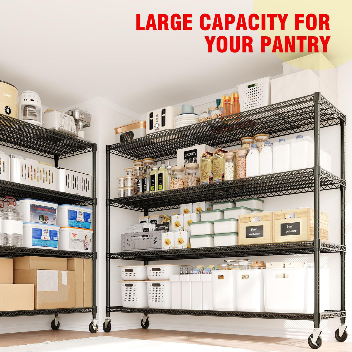PeacefulHues 73.8" H Storage Shelves 4-Tiers Heavy Duty Shelving Unit with Wheels, 2640LBS Garage Shelving for Pantry Garage Kitchen Home Commercial, 73.8" H x 59" W x 23.9" D