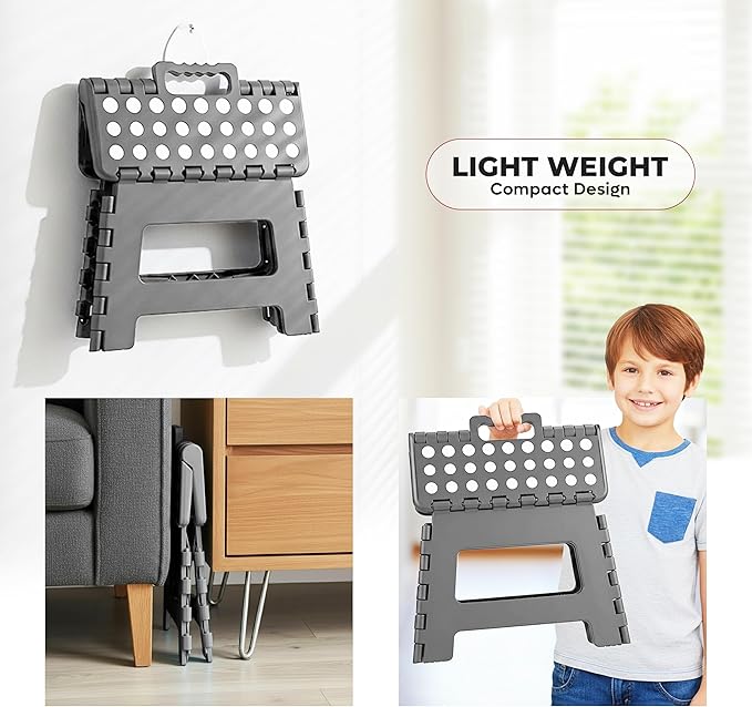 Utopia Home Folding Step Stool with Handle – 9 Inch Anti Slip Collapsible Stool – Holds Up to 300 lbs – Sturdy Plastic Step Stool Foldable for Kitchen, Bathroom and Home Use (1-Pack, Grey)