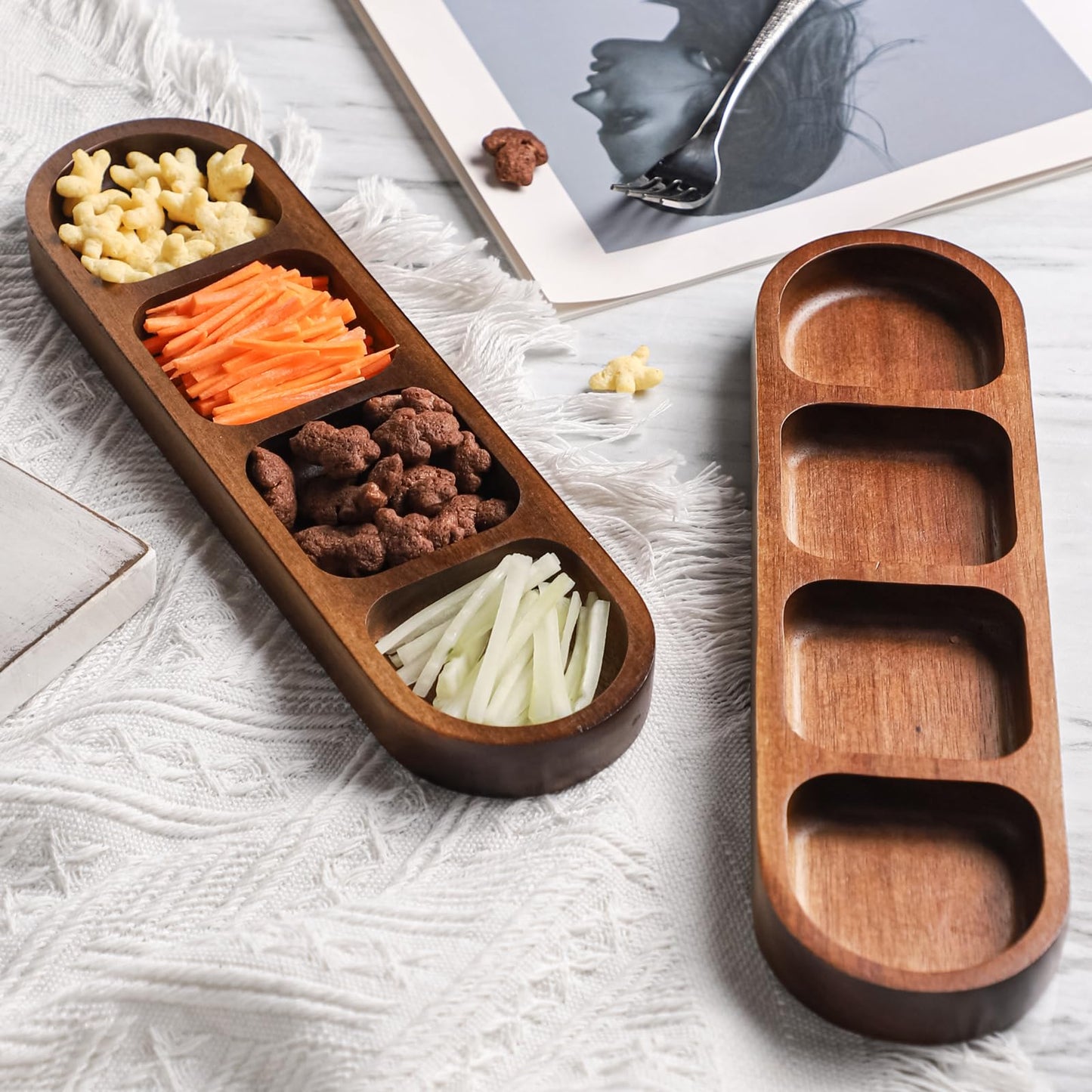 SmileBear 2 Pcs Soy Sauce Dish, Wooden Divided Dip Bowls, Korean 4-Compartment Sauce Plates for Home Restaurant BBQ, Vinegar, Spices, Ketchup, Salt, Sugar, and Flavors