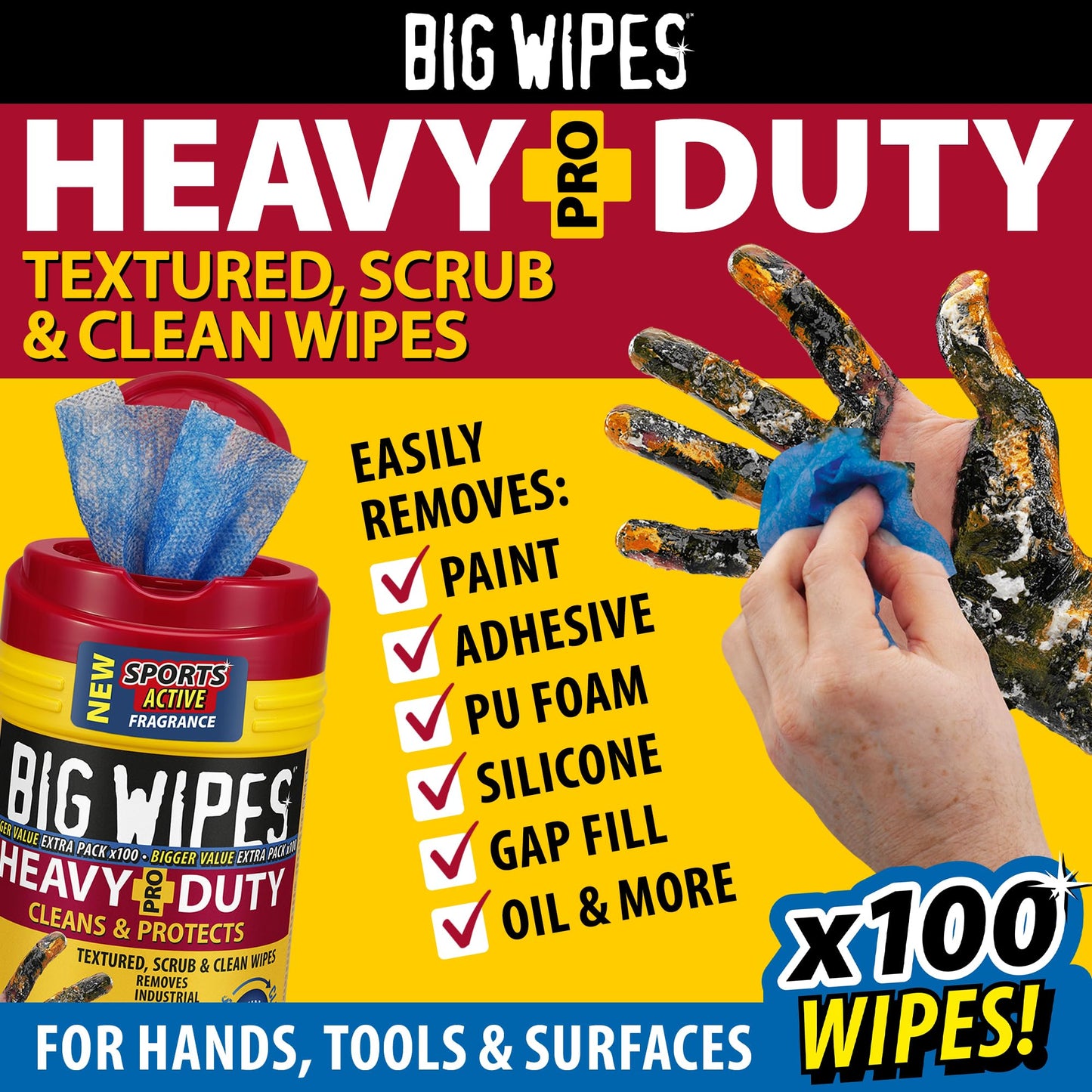 Big Wipes Heavy Duty Pro+ Hand Wipes x100 - Dispenser Tub | Removes Paint, Oil, PU Foam & Adhesives. Aloe Vera & Vitamin E Enriched, Dual-Sided Trade Wipes, Skin Safe, Tear Resistant