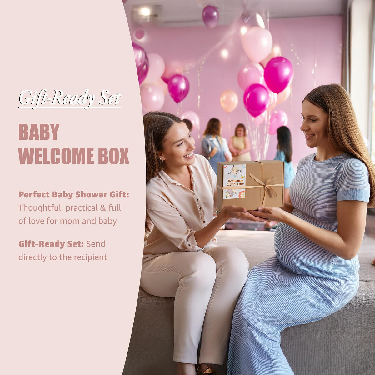Baby Girl Gift Set - 5-Piece Baby Girl Shower Gifts with Muslin Swaddle Blanket, Wooden Teether, Headbands & Hello World Milestone Card - Newborn Welcome Box, Unique Present for Girls