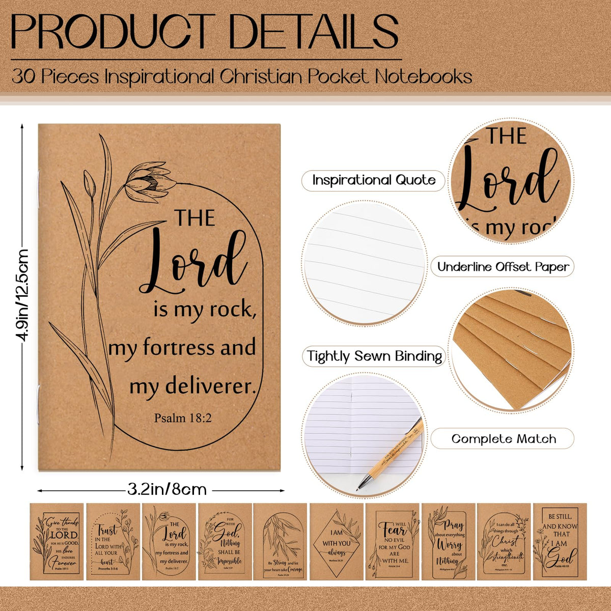 Kisston 30 Set Christian Gift Bulk - Bible Verse Inspirational Notepads, Bamboo Ballpoint Pens & Wooden Keychains for VBS Religious Party Favors Church Sunday Present