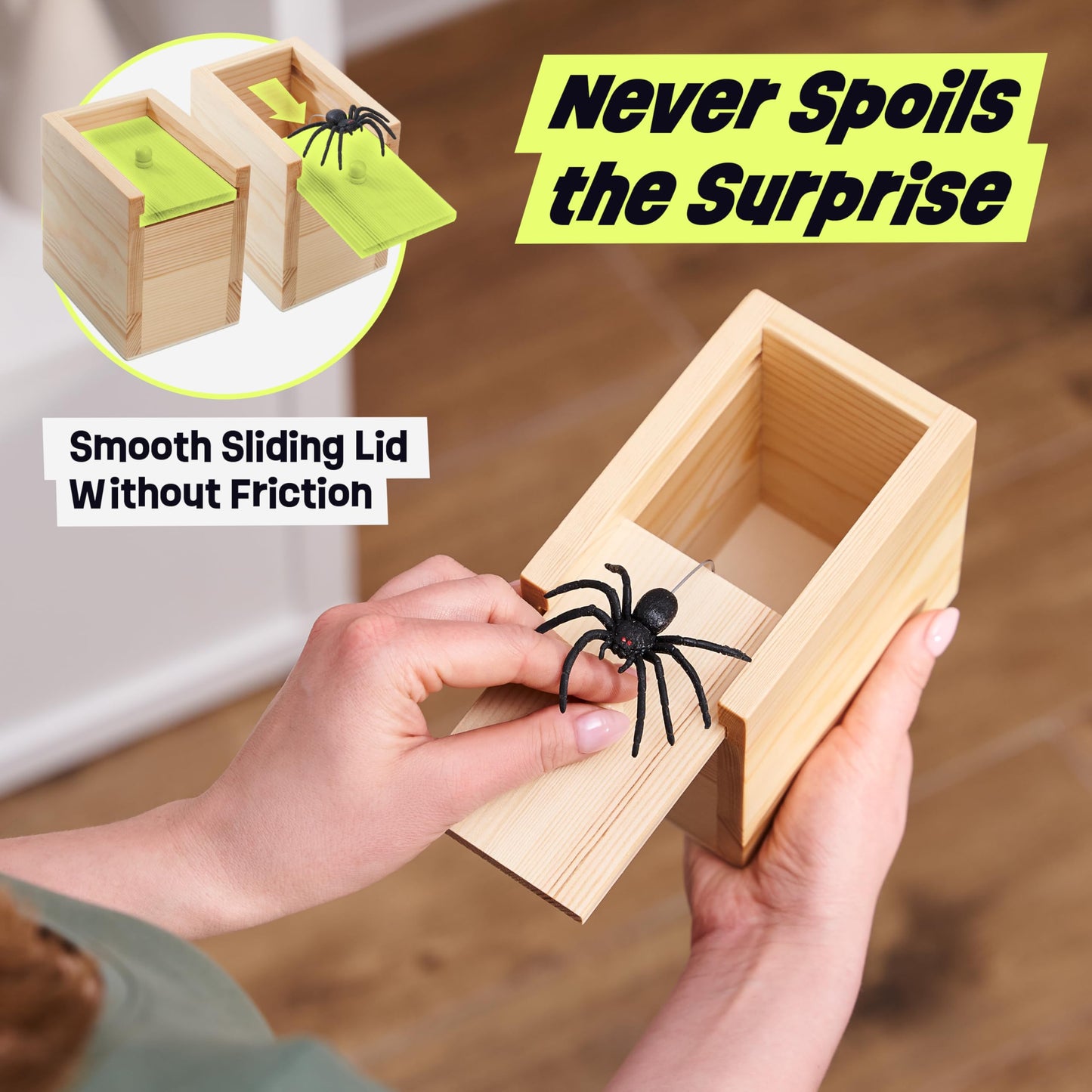 FunFamz Original Spider Prank Box – Wooden Prank Toy & Jump Scare Prank Gift with Hidden Gift Card Compartment, Realistic Jumping Spider Surprise, Funny Gag Toy for Kids, Adults, Parties & Office Fun