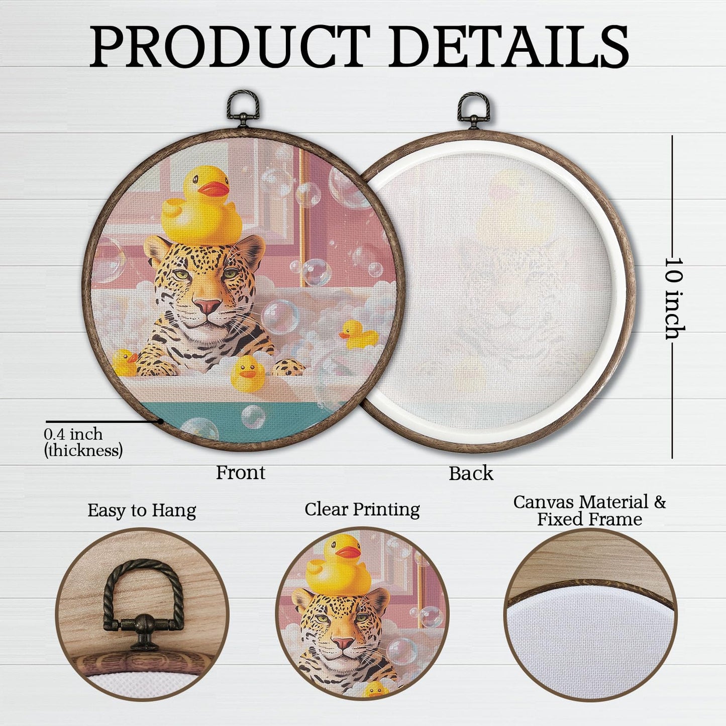 Giosve Funny Leopard Bathroom Round Wall Art Canvas Framed Poster, Retro Trendy Whimsical Cheetah in Bathtub Hanging Wall Sculptures for Bathroom Washroom Restroom Decor, 10x10 Inch YH546-YGH01