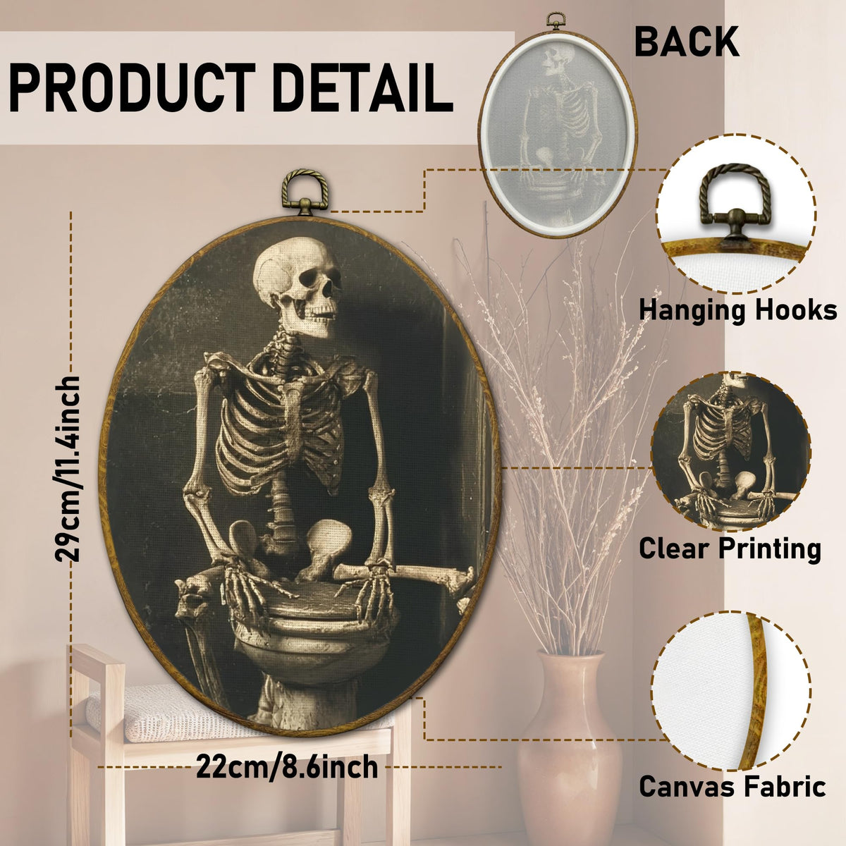 QZQE Funny Gothic Skeleton Bathroom Oval Wall Art Decor Framed, Moody Skeleton Oval Canvas Prints, Dark Academia Spooky Skull Wall Hanging Decor for Bathroom Washroom Restroom, 8.6x11.4 Inch