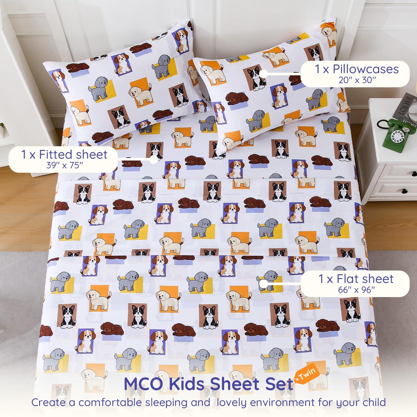 MCO Pet Dog Twin Sheets Set for Kids, Soft Microfiber Bed Sheet Set for Boy Girls, 3 Pieces Breathable Twin Sheets with 1 Flat Sheet 66" x 96", 1 Fitted Sheet 39" x 75", 1 Pillowcase 20" x 30"
