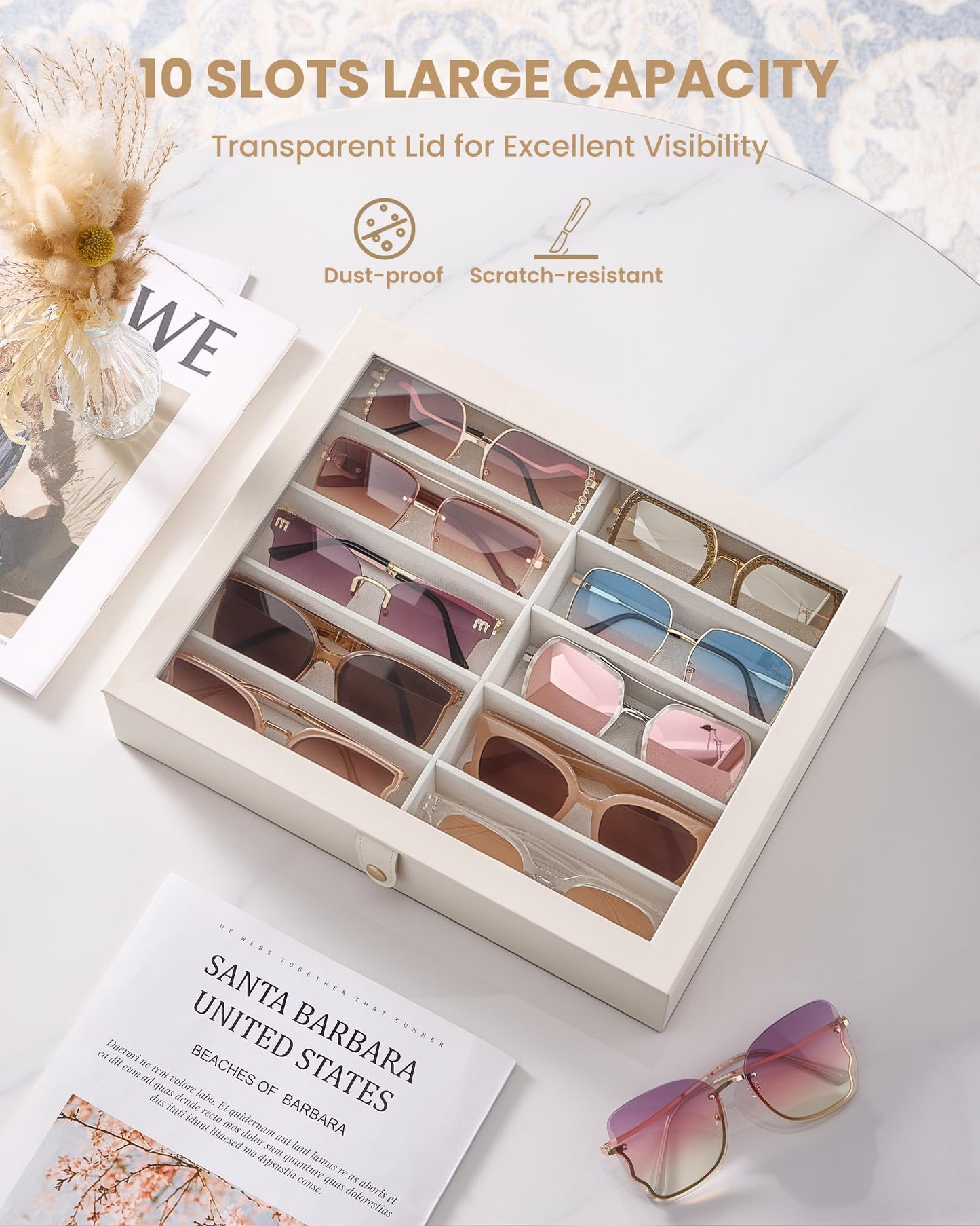 Lolalet 10 Slots Sunglasses Organizer Box, Eyeglasses Eyewear Display Case for Multiple Pairs of Glasses Collection Holder for Men Women, Mothers Day Gifts -1 Layer, Beige