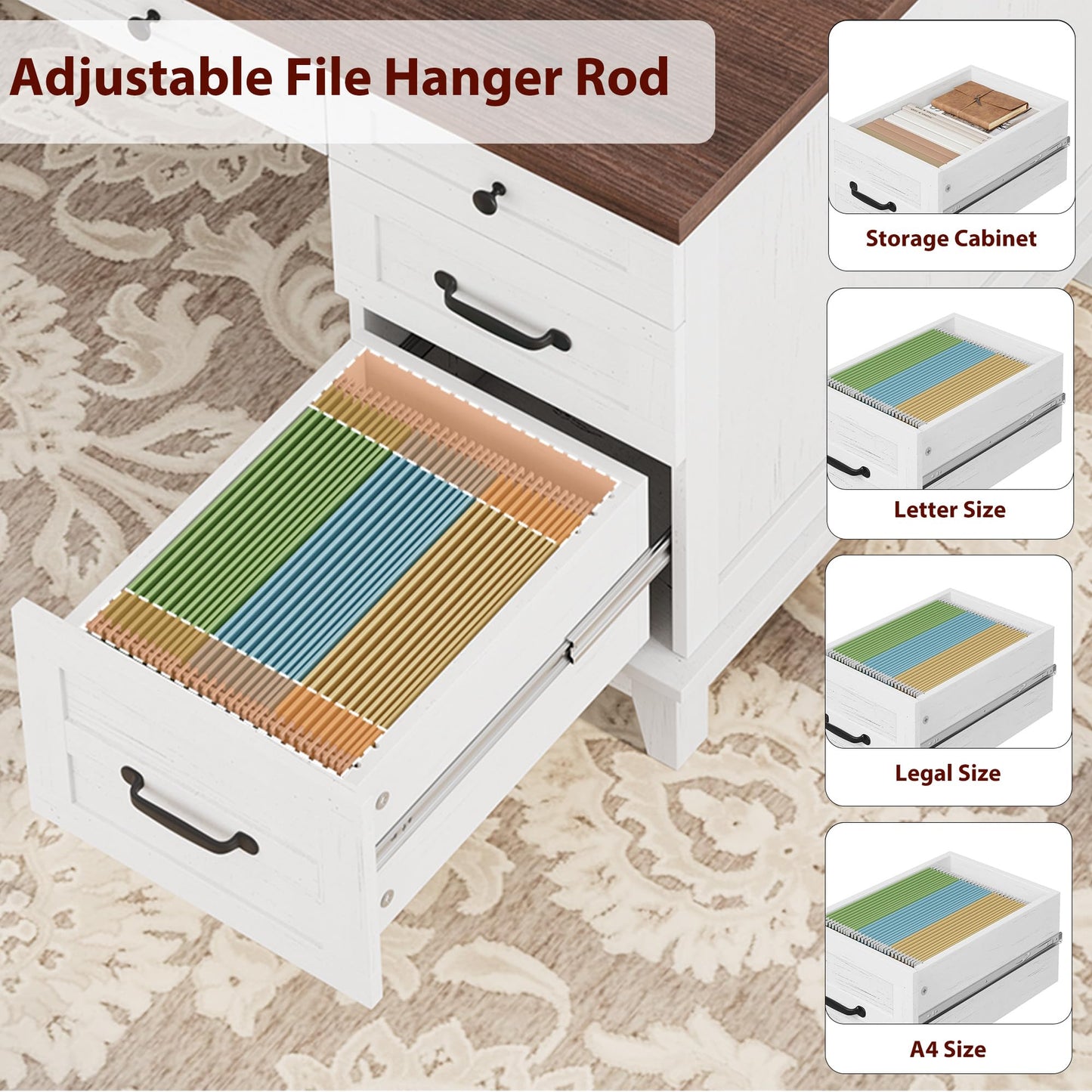 GAOMON 60in Wooden Executive Desk with 5 Drawers, Office Desk Computer Table with Charging Station, Farmhouse Home Office Desk with File Cabinet Storage, for Study and Home Office, White Walunt