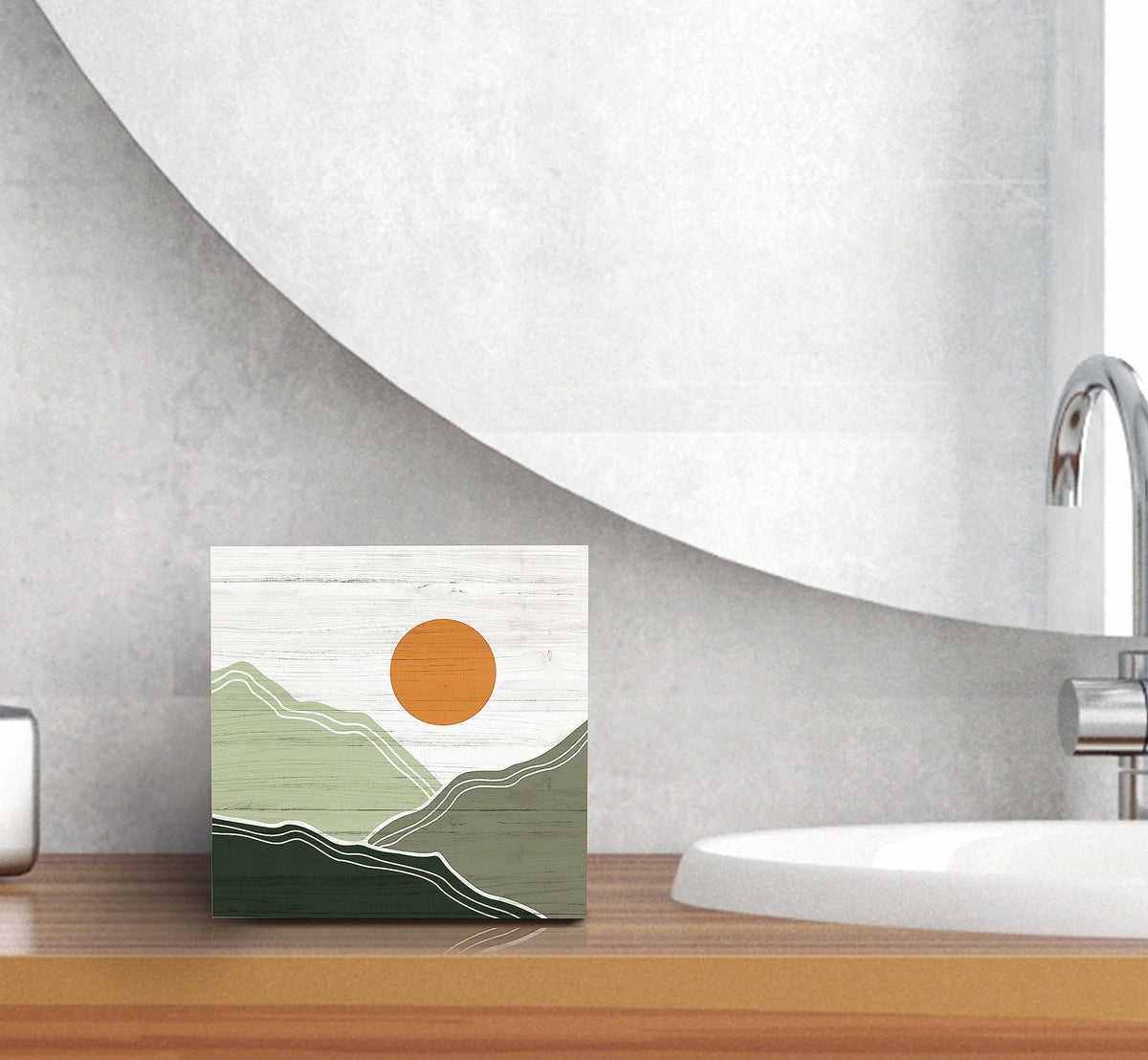 SRADMO Abstract Boho Sun Green Mountains Wood Box Sign Desk Decor, Bohemian Nature Landscape Wooden Block Box Sign Decoration For Home Office Shelf Table Decor