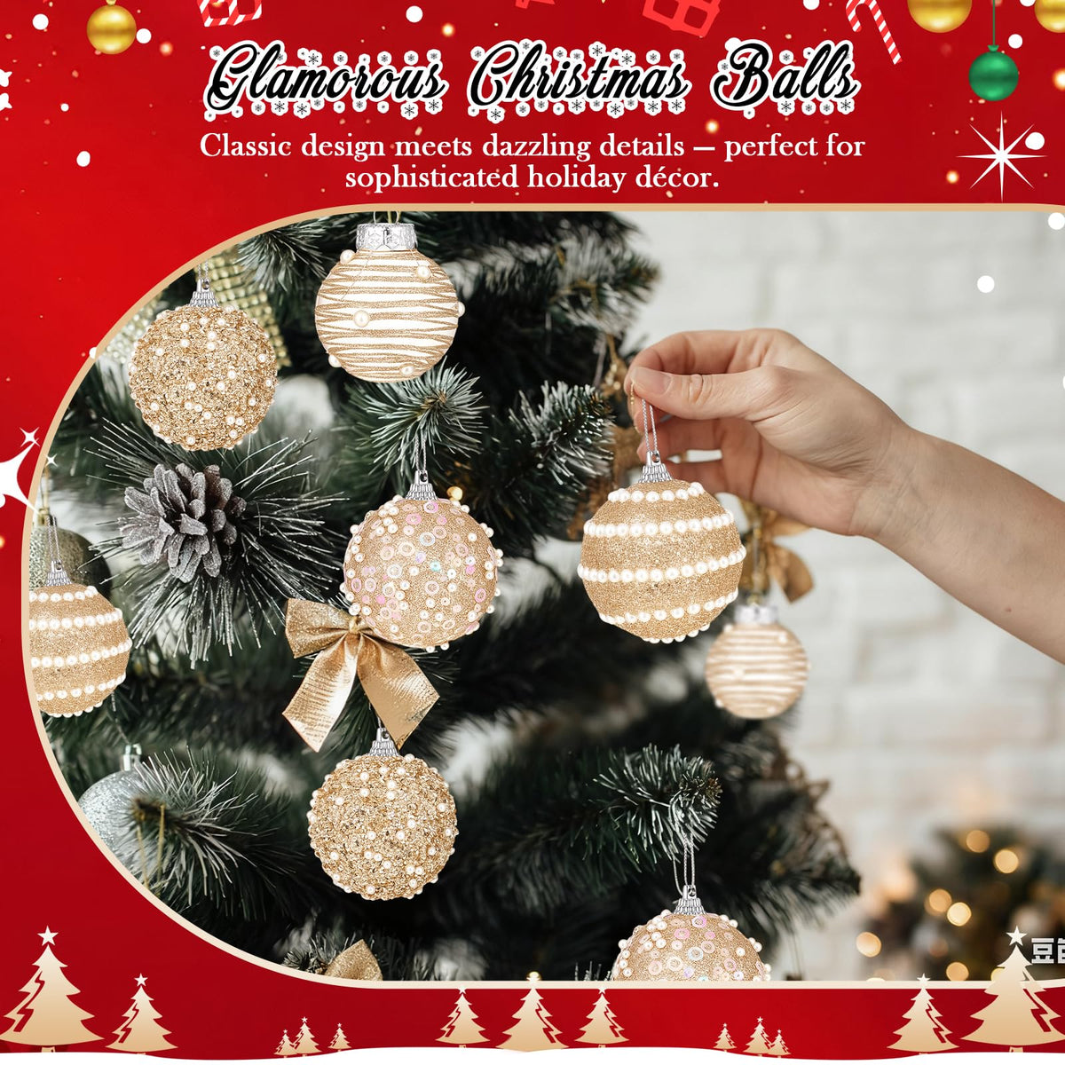 HyDren 16 Pcs Champagne Gold 2.76" Christmas Ball Ornaments Glitter Pearl & Sequin Christmas Ball Decorations Shatterproof Baubles Sparkling Pearl Shine Balls for Xmas Tree Birthday Halloween Wedding